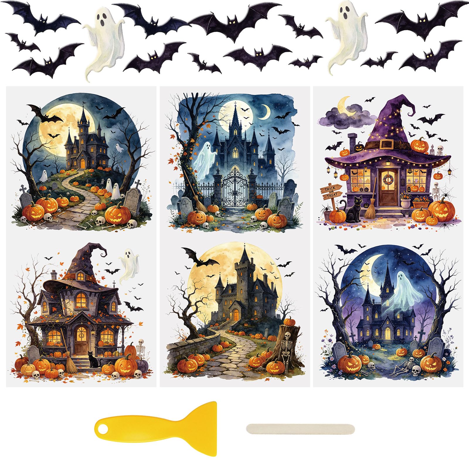 WANDIC 3Pcs Halloween UV DTF Cup Warp Rub on Transfer Stickers, Castle Gothic Witch House Waterproof Scrapbook Decals for Craft Furniture, 15 * 30cm