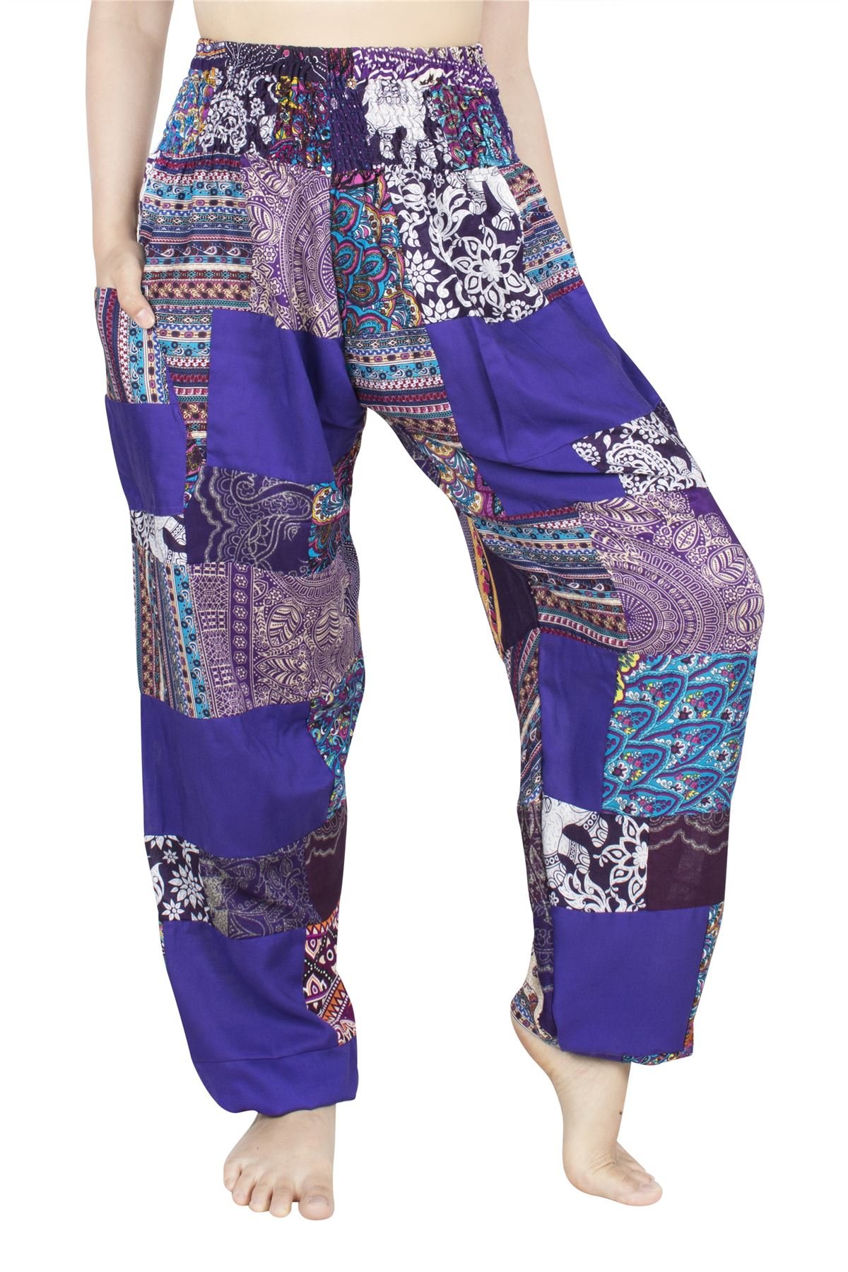 Lofbaz Women's Smocked Waist Floral Rayon Yoga Boho Patch Harem Pants - Purple - OS