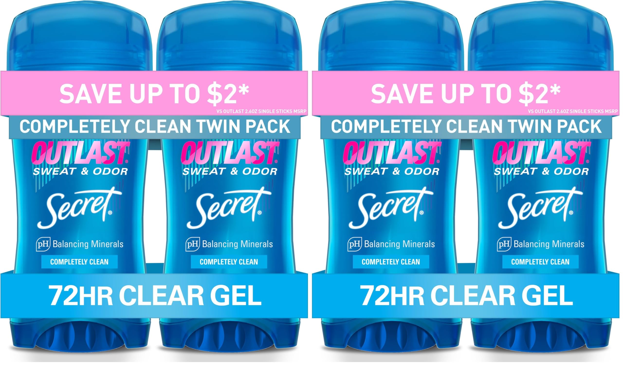 secret outlast antiperspirant deodorant for women,72hr sweat & odor protection,ph balancing minerals,clear gel,completely clean scent,2.6 oz,(pack of 4)