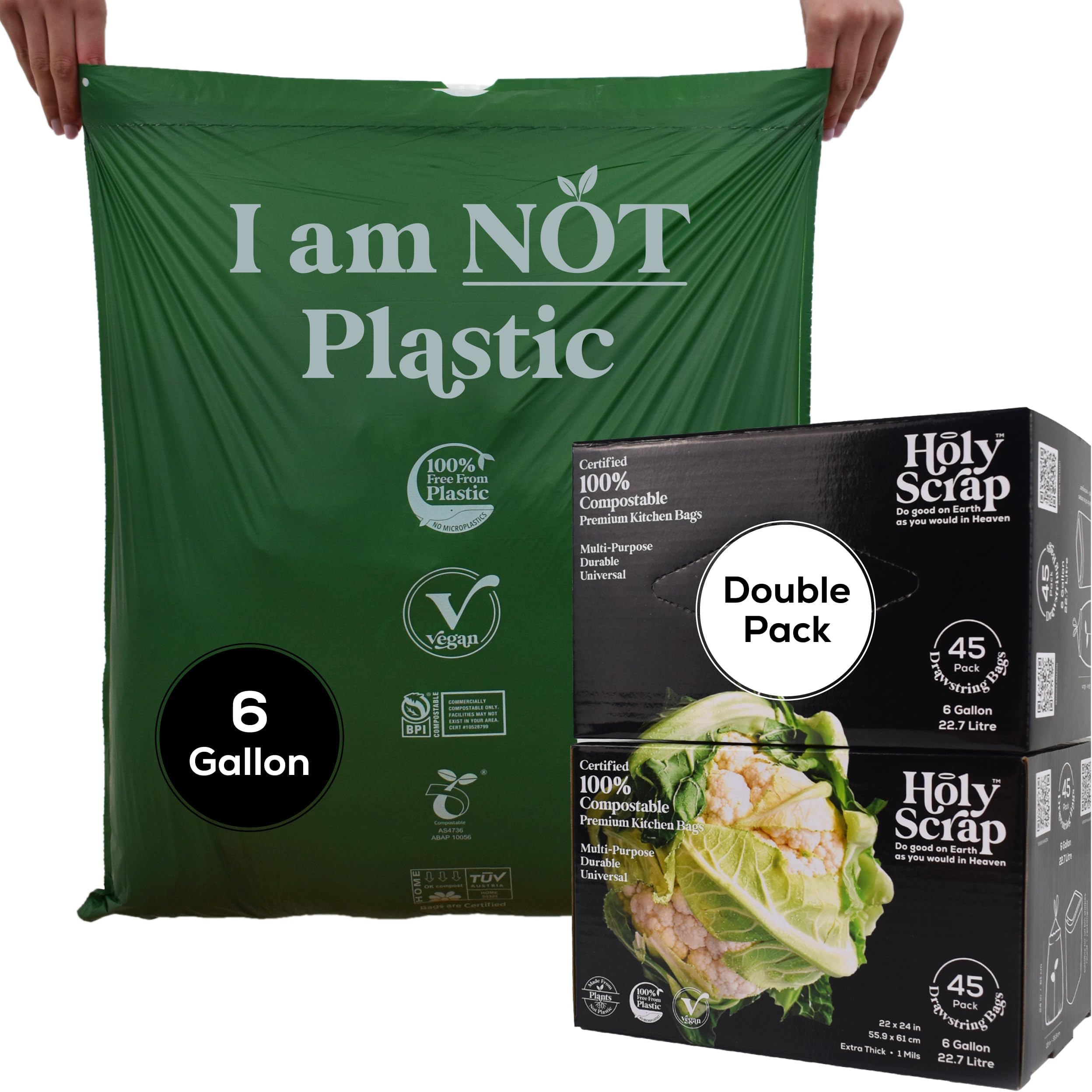 Medium Compostable Drawstring Trash Bags - 6-8 Gallon, 90 Pack | Plastic-Free Kitchen & Bathroom Garbage Bags with Drawstring Handles | Thick Bin Bag Liners for Green & Food Waste