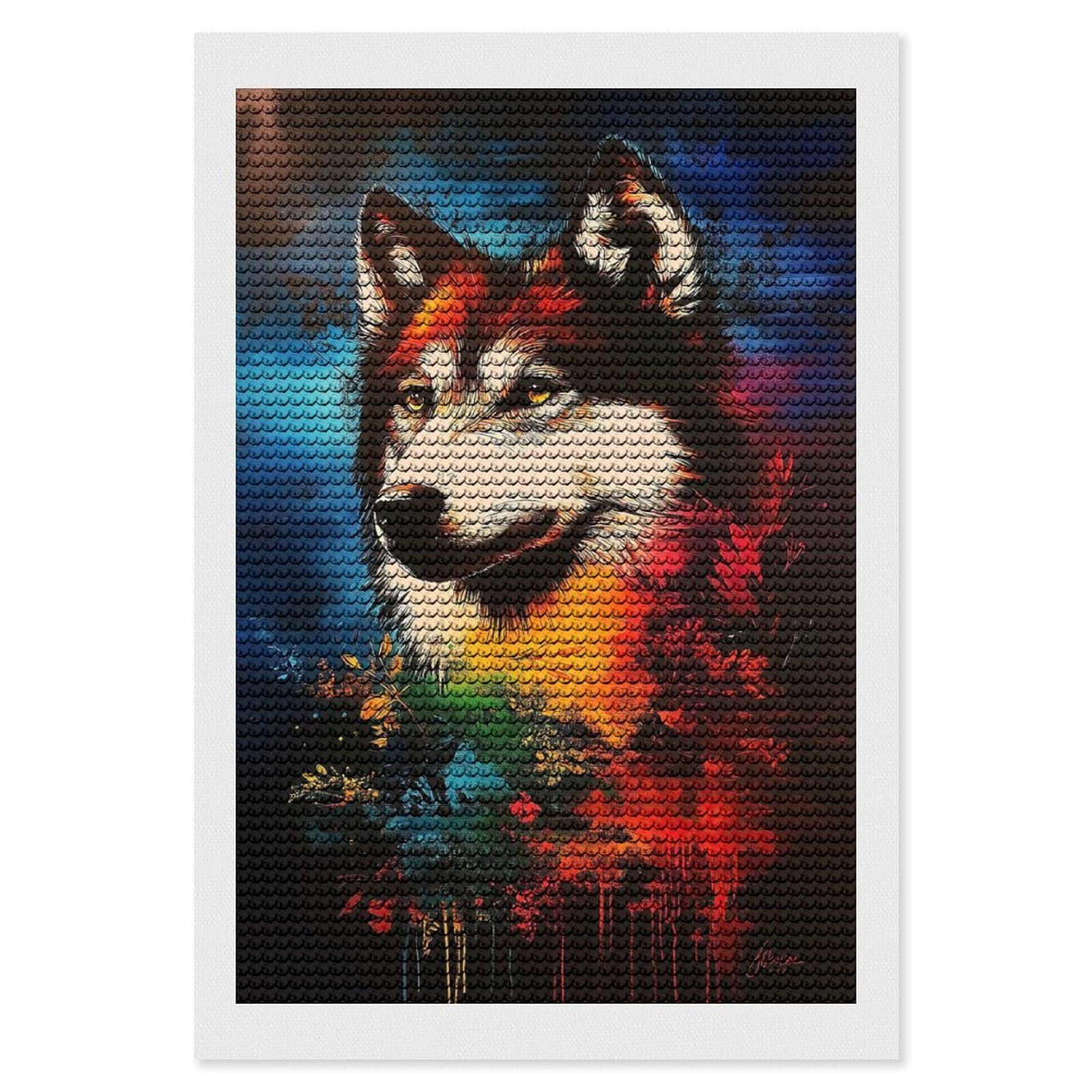 Junmoney Wolf Portrait with Floral Background Diamond Painting Canvas Kit 8"x12", Round Gems, Living Room Decor, Seasonal Gift Choice, Modern Decor