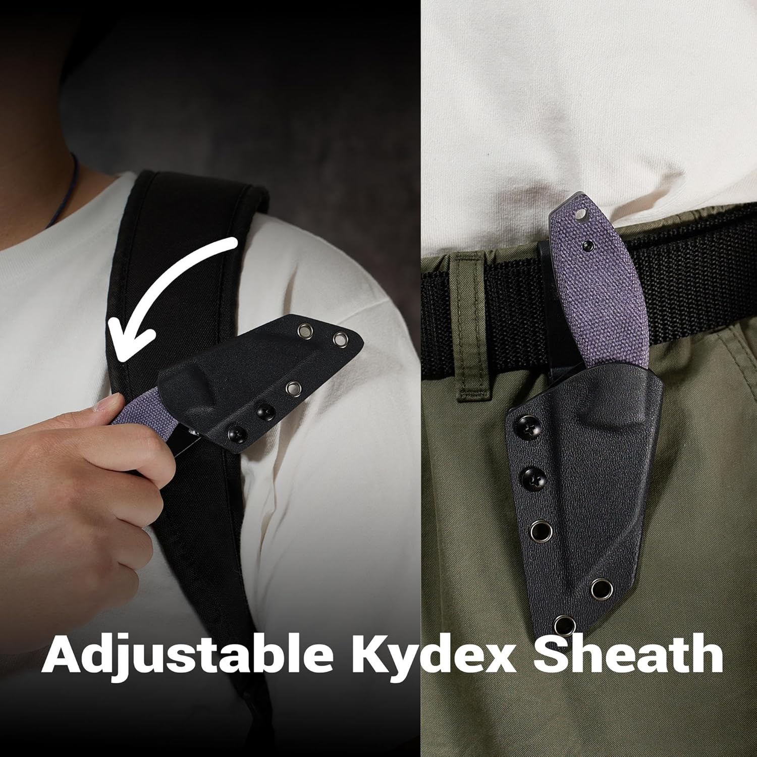 KANSEPT Siafu Fixed Blade Knife, Blackwash D2 Wharncliffe with Long Jimping, Full-Tang Purple Micarta Ergonomic Handle, Kydex Sheath for EDC Outdoor Camping Hunting Survival G016A1