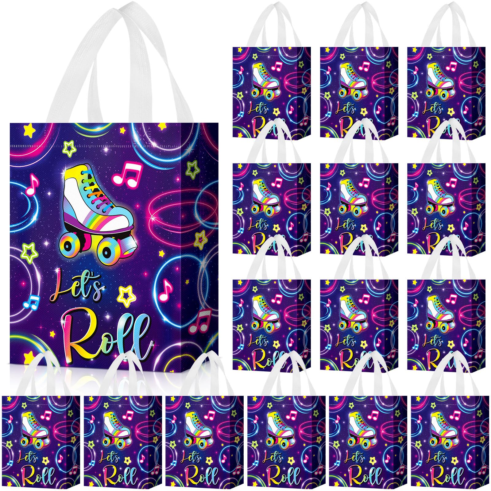 Locmeo 24 Pcs Large Roller Skate Party Favor Bags with Handles Reusable Non Woven Skating Goodie Bags Retro 80s 90s Candy Treat Gift Bag for Girl Boy