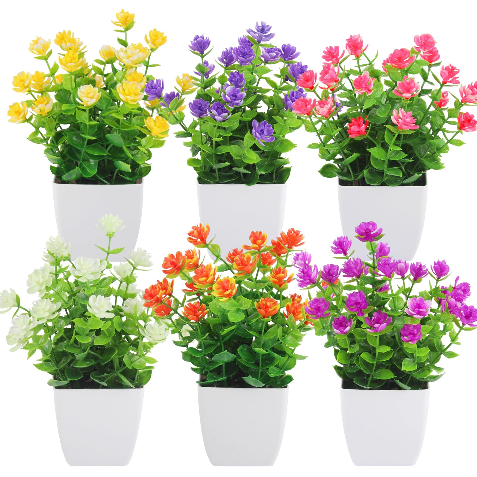 JINXIAN 6 Pcs Artificial Plants Indoor 7.48 Inches Tall Fake Plants Artificial Flowers Outdoor Artificials Flowers for Graves Garden Office Area Home Deco（White Basin）