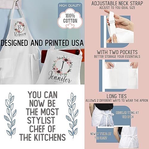 Miniatura 8 de Delantales de cocina personalizados con diseño inicial floral con texto de nombre delantal de cocina personalizado para mujeres con bolsillos
