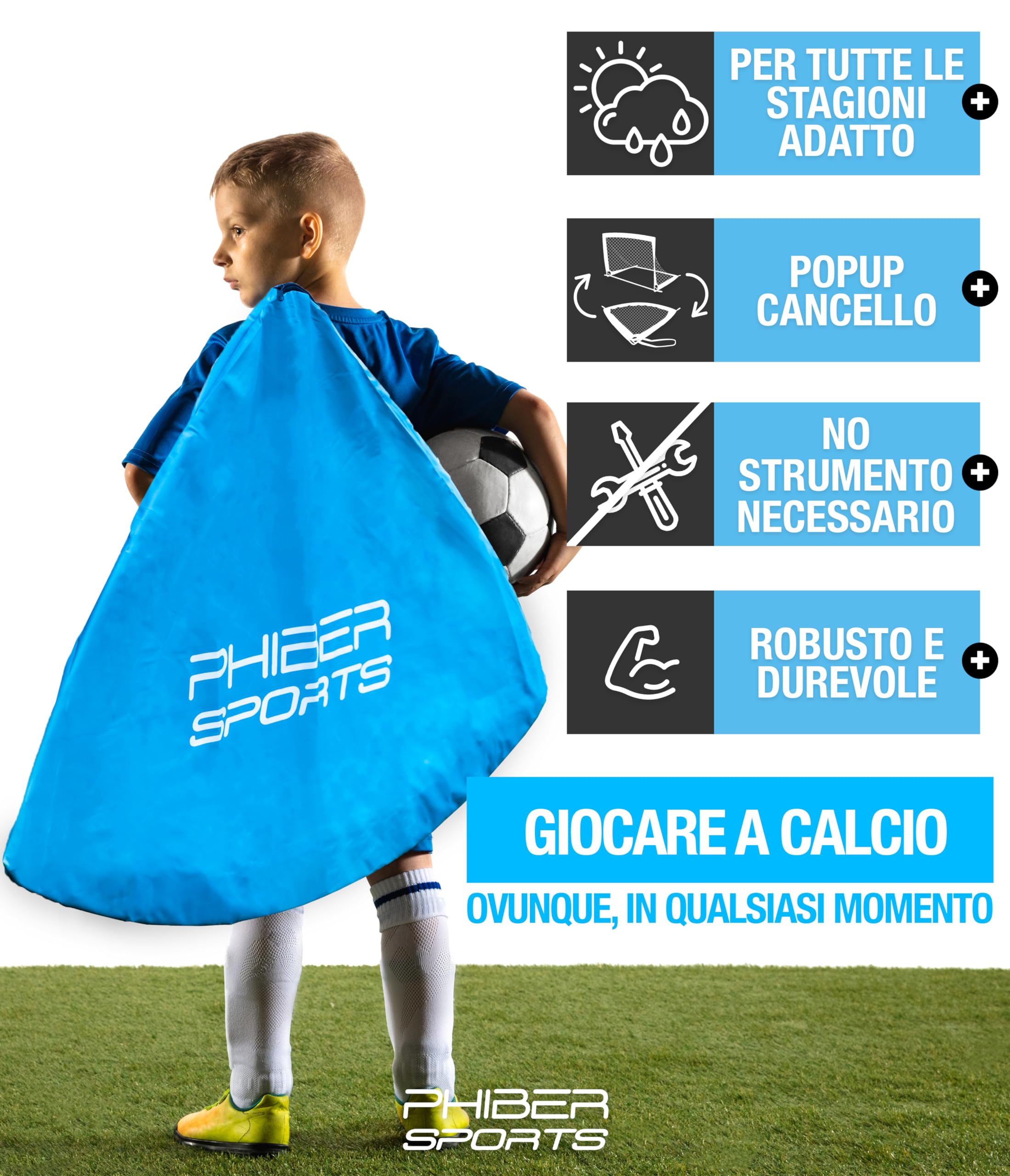 PHIBER-SPORTS Set di porte da calcio per bambini per 2 persone - Versione migliorata 2026 con pali in fibra di vetro rinforzati - Incl. borsa per il trasporto, 6x coni, 2x bersaglio