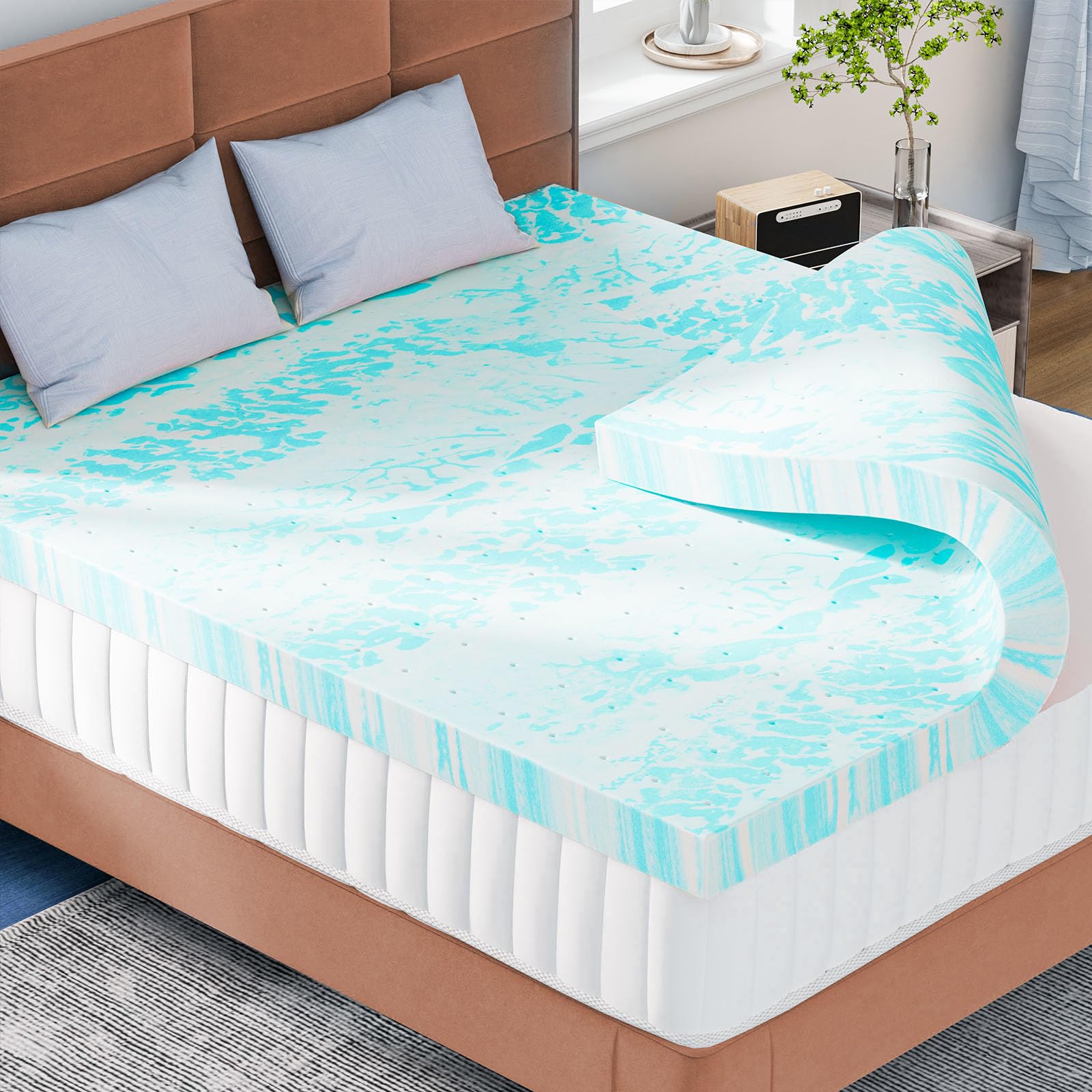 Full Mattress Topper 2 Inches Memory Foam Mattress Topper, Blue Cooling Mattress Topper, Gel Swirl Infused Bed Topper for Back Pain