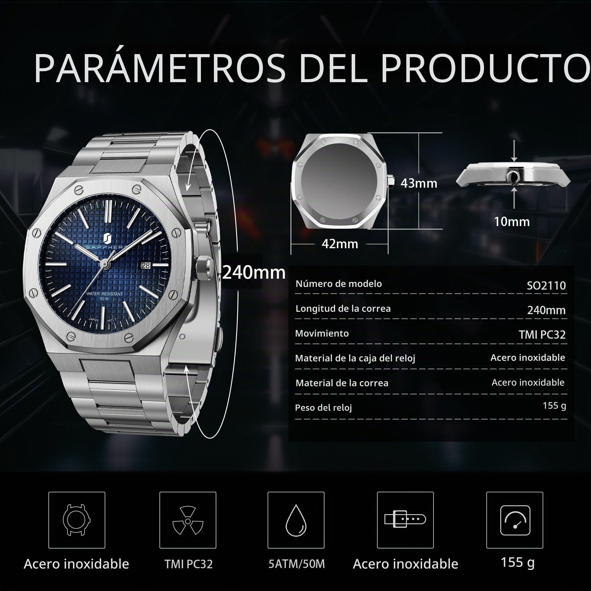SAPPHERO Reloj Hombre Elegante | Movimiento Cuarzo Función Luminosa Indicador de Fecha | Reloj de Moda Plata Oro para Hombre de Negocios y Uso Diario