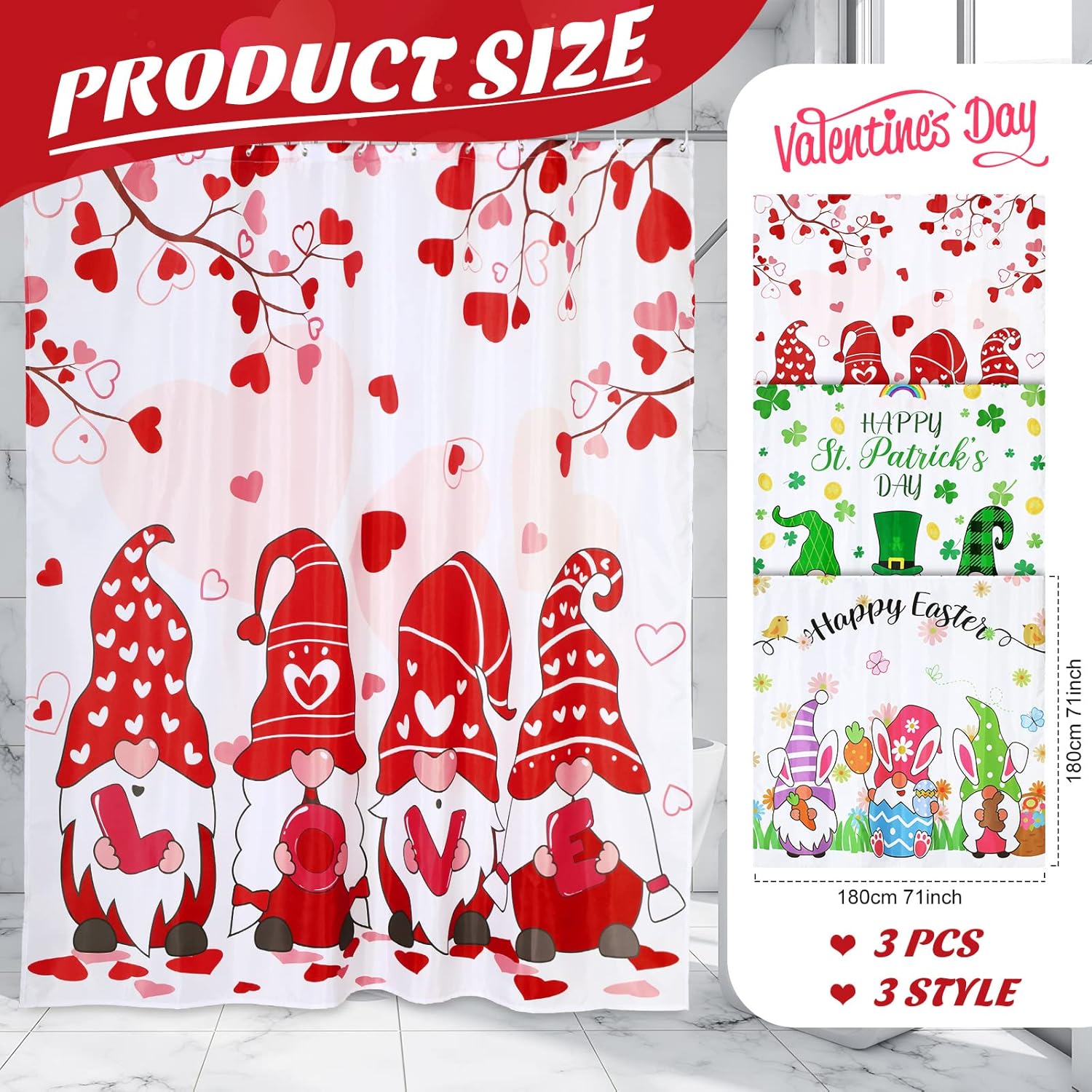 Remerry 3 Pcs Easter Shower Curtain for Bathroom Decor with Hooks St Patrick's Day Valentine's Day Holiday Shower Curtains Set,71 x 71 Inch,Waterproof Fabric Bathtub Bathroom Decor(Gnome Style)