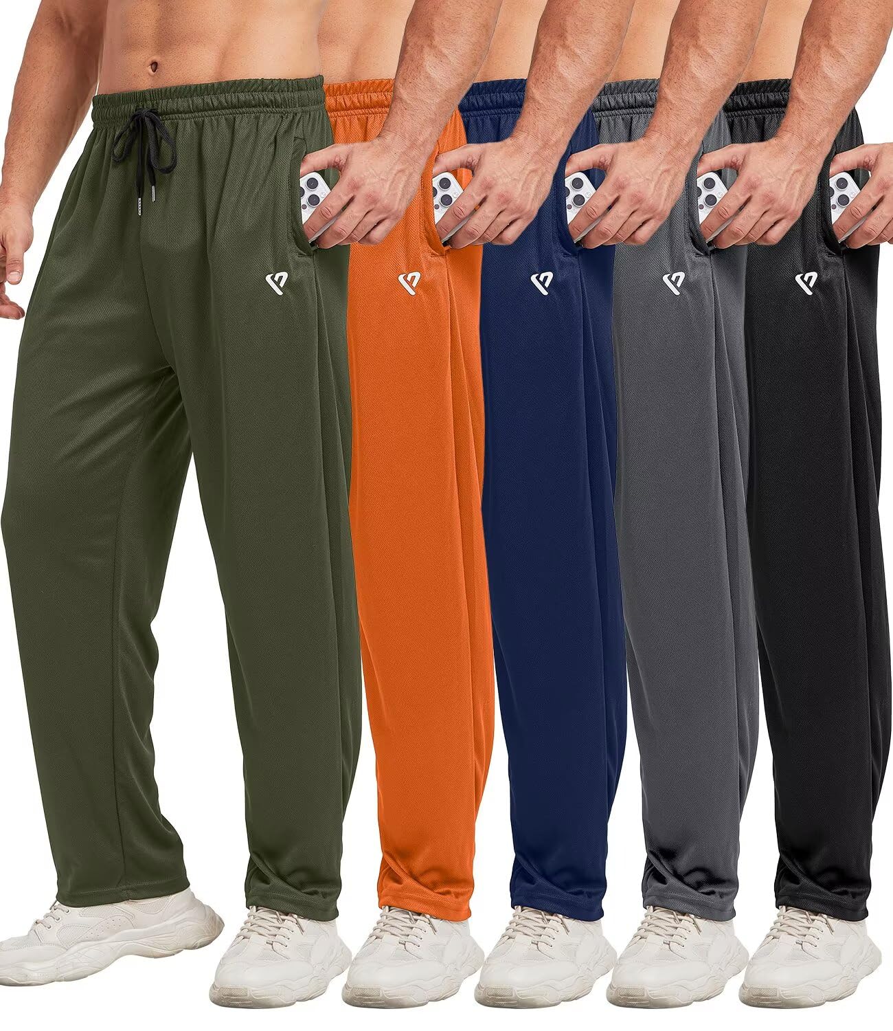 Confezione da 5 pantaloni sportivi da uomo con fondo aperto, con tasche con cerniera, vestibilità larga, in rete, per corsa, casual