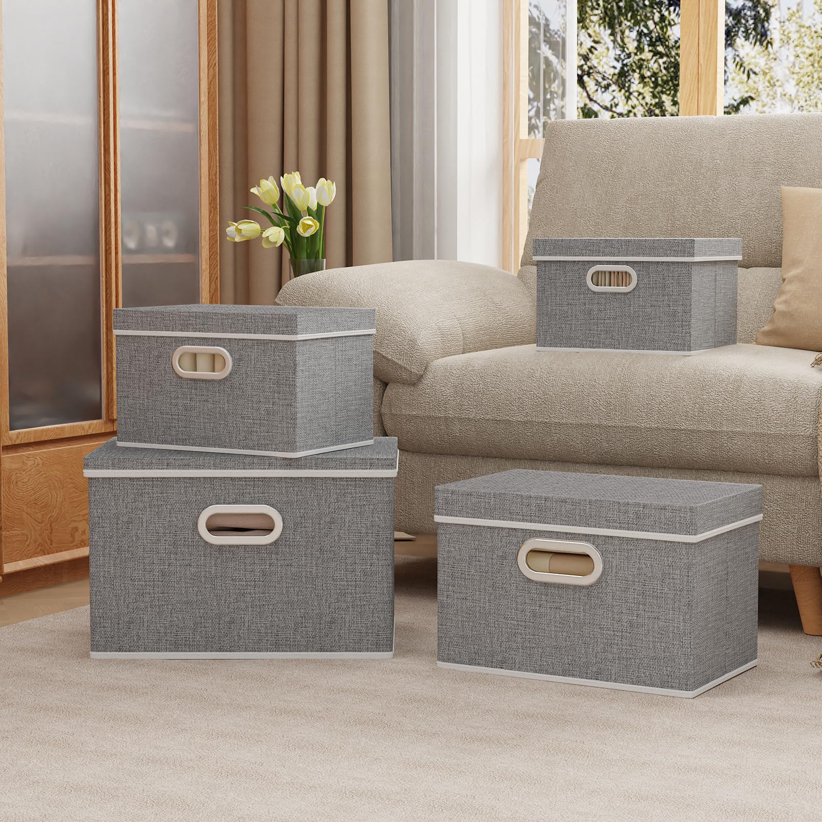 OUTBROS 3 stuks stoffen opbergdozen, opvouwbare opbergkist, organizer met handvat, grote opbergmand, opbergdozen voor kledingkast, kleding, 40 x 30 x 20 cm, grijs