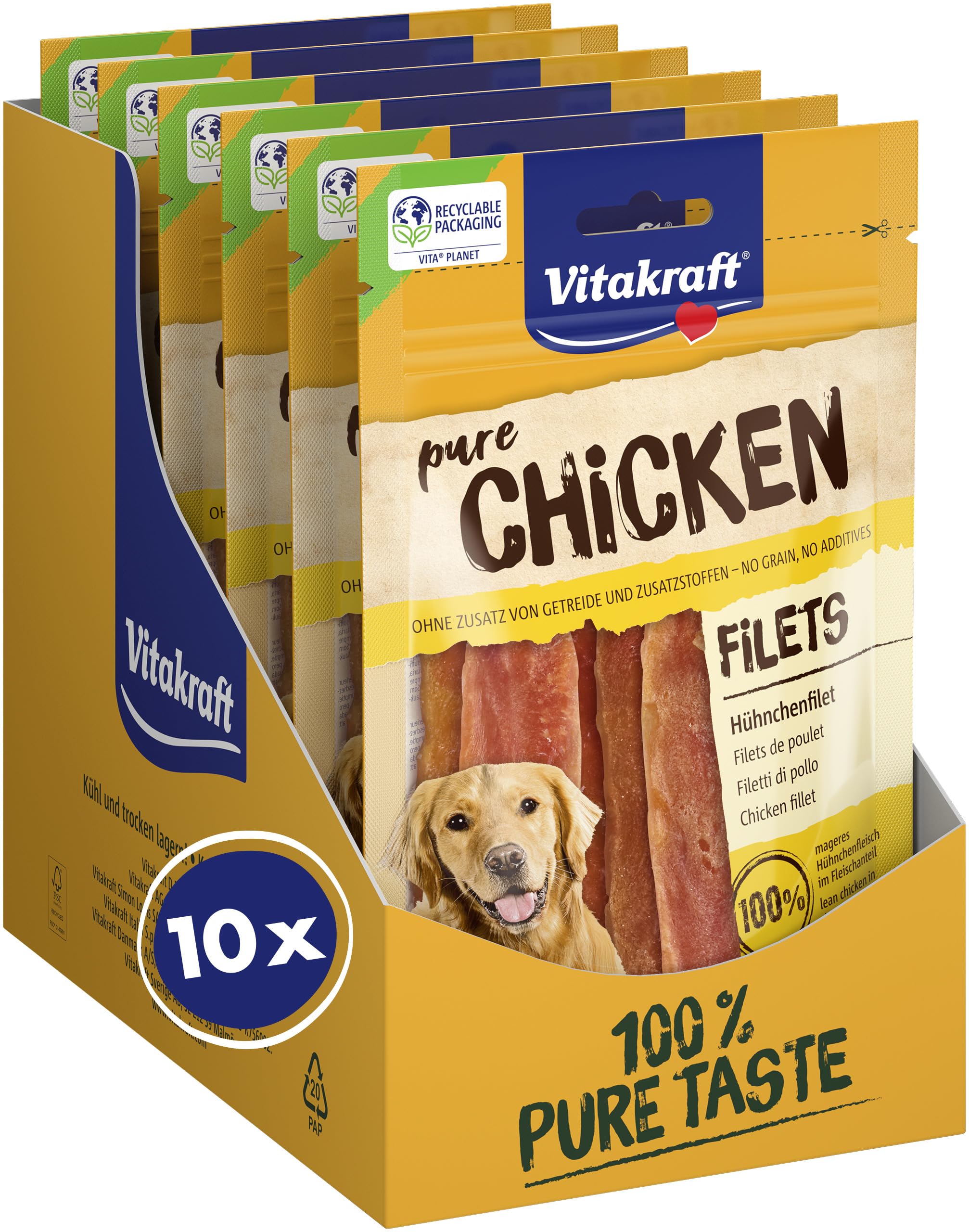 Vitakraft Pure Chicken Filets, Hundeleckerli, Hühnchenfilet, Hunde Trainingsleckerli, ohne Zusatz von Zucker (10x 80g)