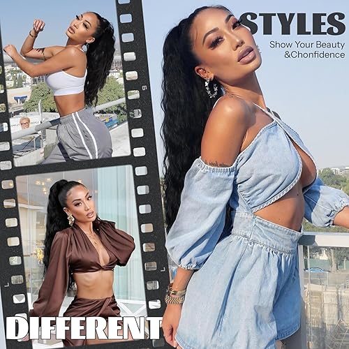 Miniatura 4 de KooKaStyle Extensiones de cola de caballo largas onduladas con cordón sintético con clip en cola de caballo de 26 pulgadas, extensiones de cola de