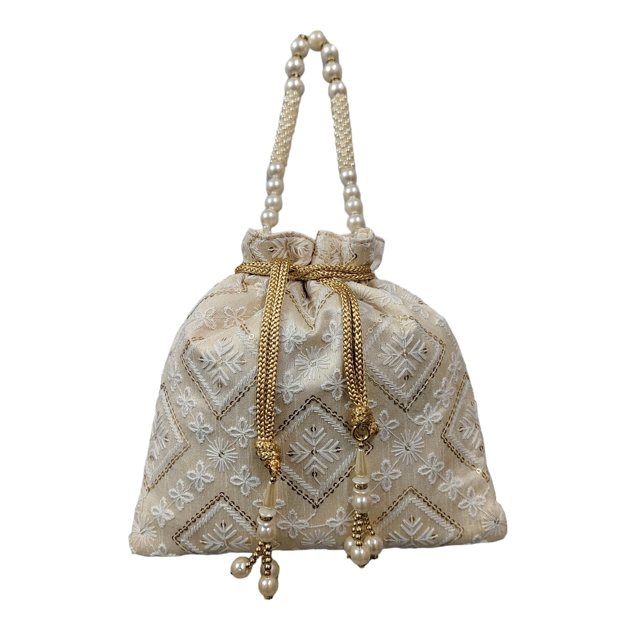 EK PAHECHAN Womens Handmade Heavy Lucknowi Embroidery Work off White Potli Bag with Pearl Tassels Handle (B0D9NG5NRC) Amazon Price History, Amazon Price Tracker