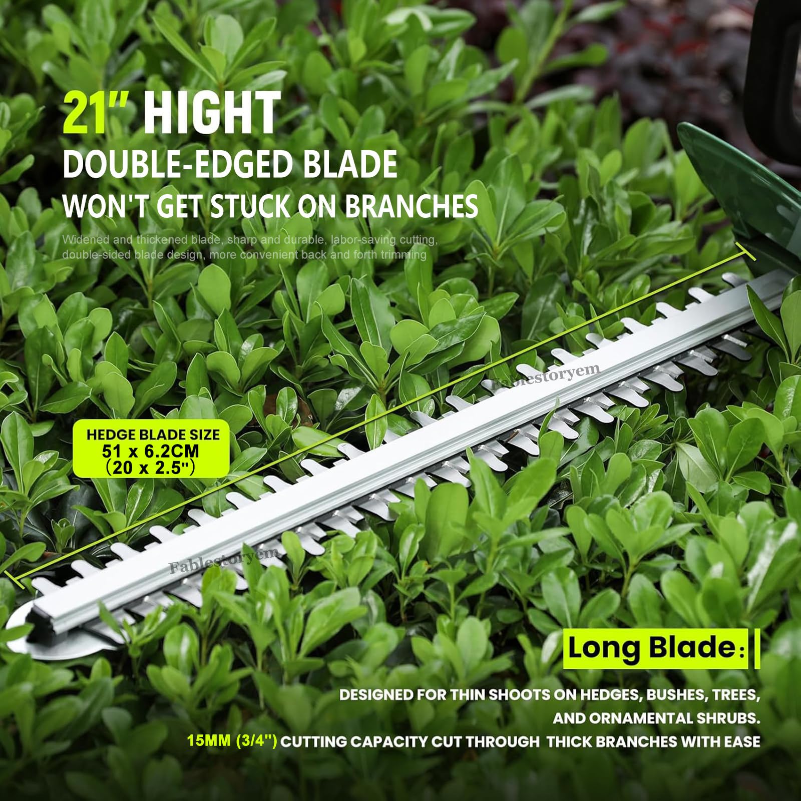 Cortasetos eléctrico inalámbrico de 21 V, Capacidad de Corte de 20 Pulgadas, Cuchillas de Doble acción, batería de Litio de 3900 mAh para el Mantenimiento del césped y el jardín.