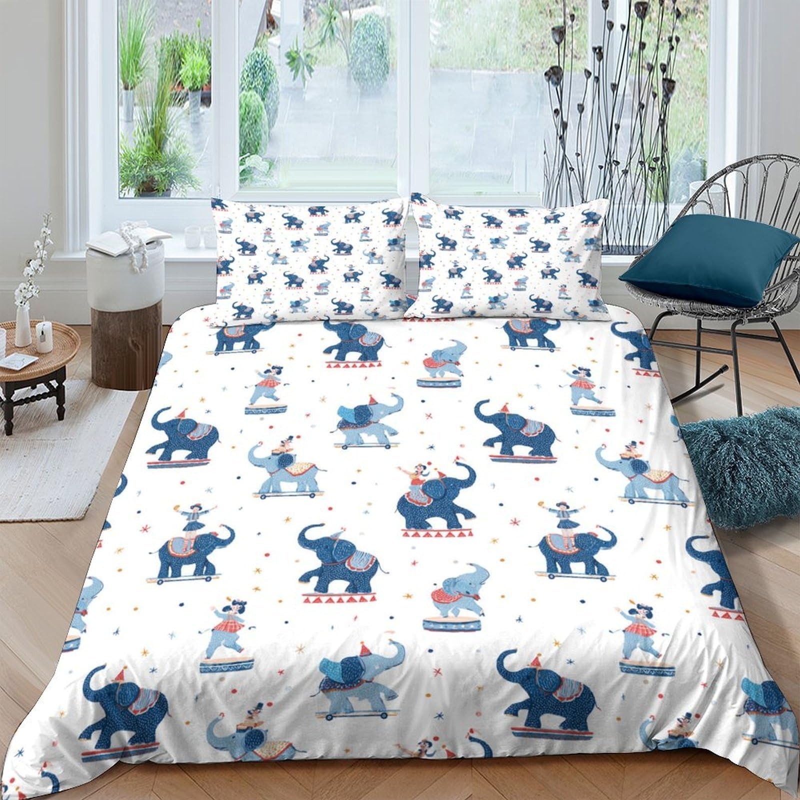 TUFRTGYHN 3D Printed Cartoon Elephant Duvet Cover Microfiber Soft Breathable Animal Bedding Set with 2 Pillowcases for Bedroom Decor Single（135x200cm）