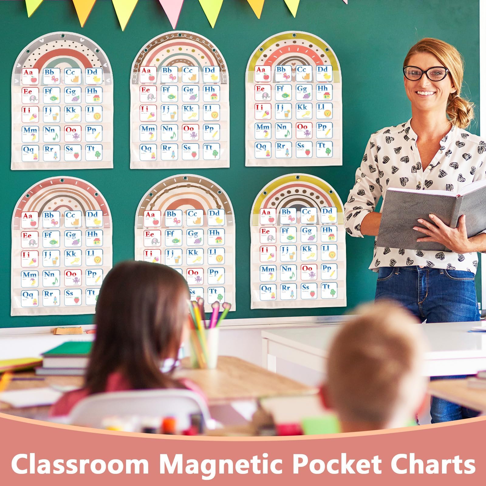 Qyeahkj 6Pcs Classroom Magnetic Pocket Chart Small Boho Rainbow Hanging Scheduling Pocket Chart Management Back to School Resources for Preschool Kids Sentence Strips Cards Office Supplies 17 x 14in - Image 6