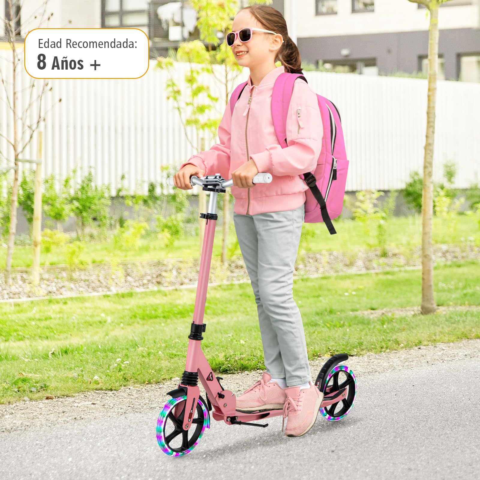 COSTWAY Patinete para Niños Más de 8 Años, Patinete Plegbale con Luces LED y Ruedas en PU Silenciosas 200mm XXL, Altura Regulable, Superficie Antideslizante y Freno de Pedal, Scooter Adulto