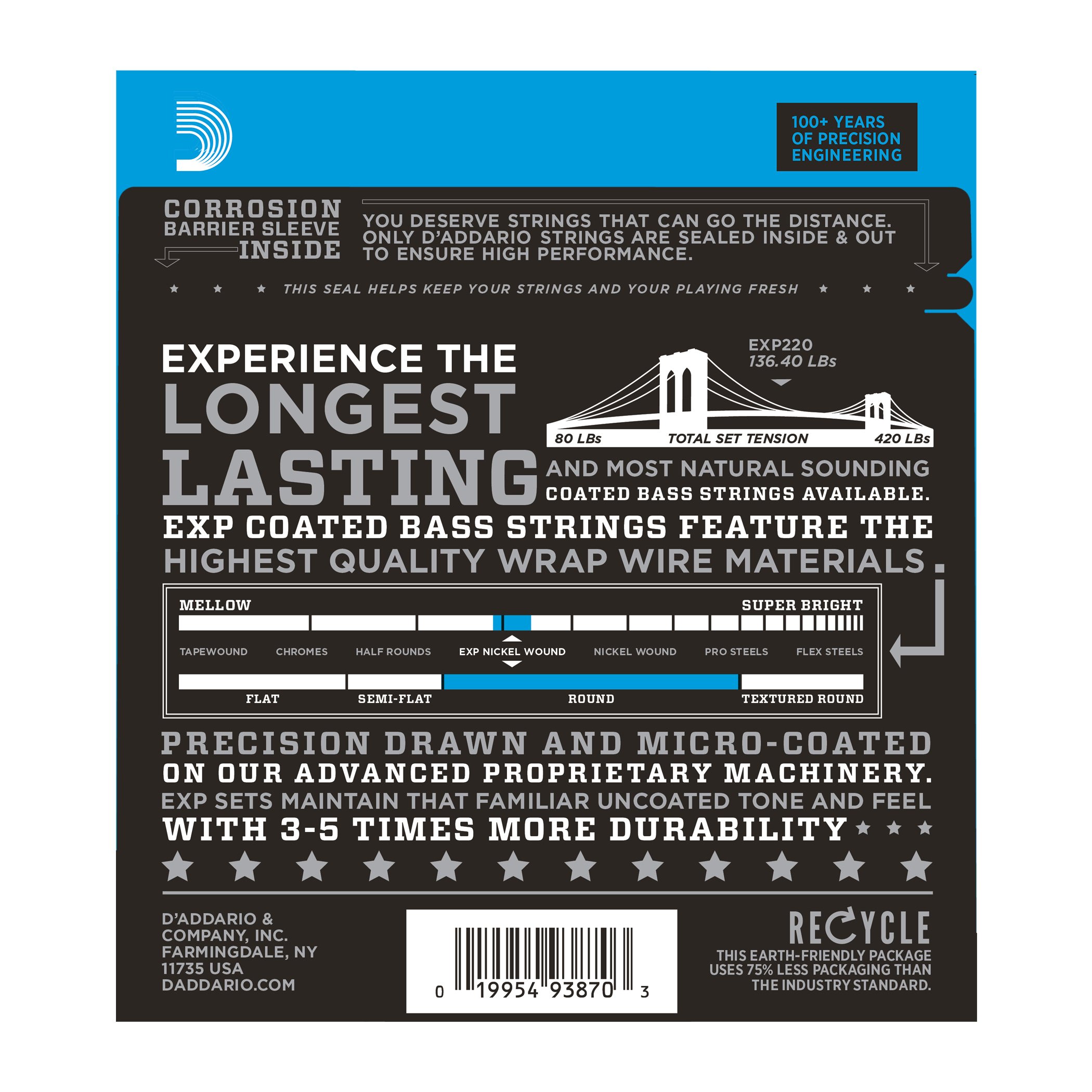 Corde D’Addario EXP220 con rivestimento per basso, Super Light, 40-95, Long Scale