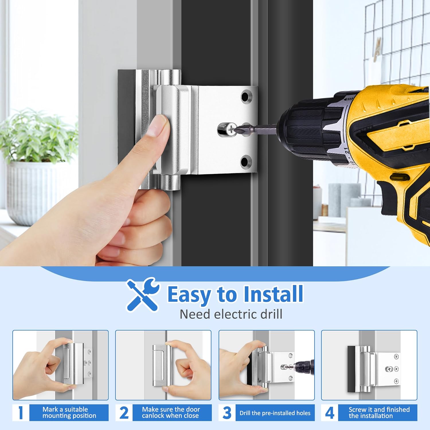 Home Security Door Lock, Door Reinforcement Lock, for Extra Home Security and Privacy, Silver, 2 Pack 2 Pack Silver image 3 of 6 B0D4V7D4HN