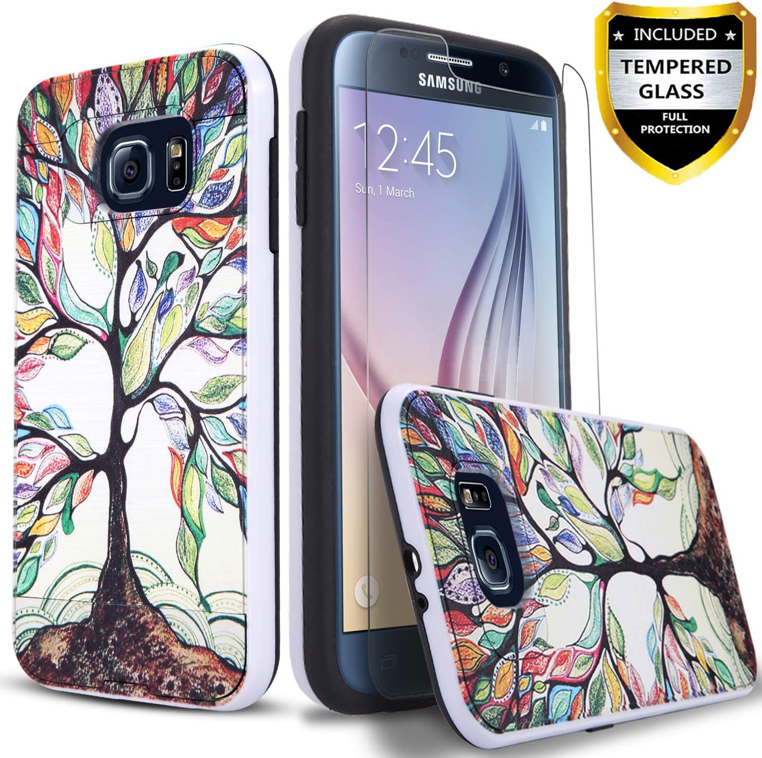 Samsung Galaxy S6 Case, With [Tempered Glass Screen Protector],(Not Fit Galaxy S6 Edge,S6 Aactive) 2-Piece Style Hybrid Shockproof Rugged Phone Cover And CircleMalls Stylus Touch Screen Pen-Lucky Tree