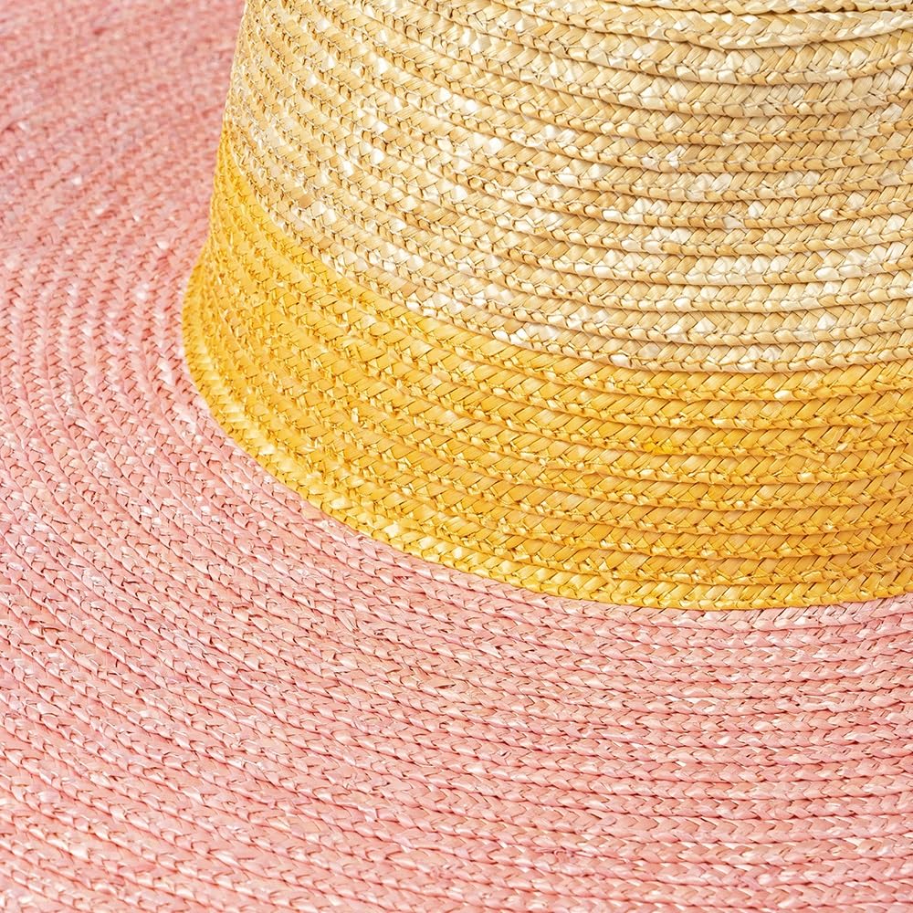 Cappello Fedora estivo da donna in paglia con tesa rosa a blocchi di colore, cappello da sole a tesa larga per protezione UV all'aperto, stile casual
