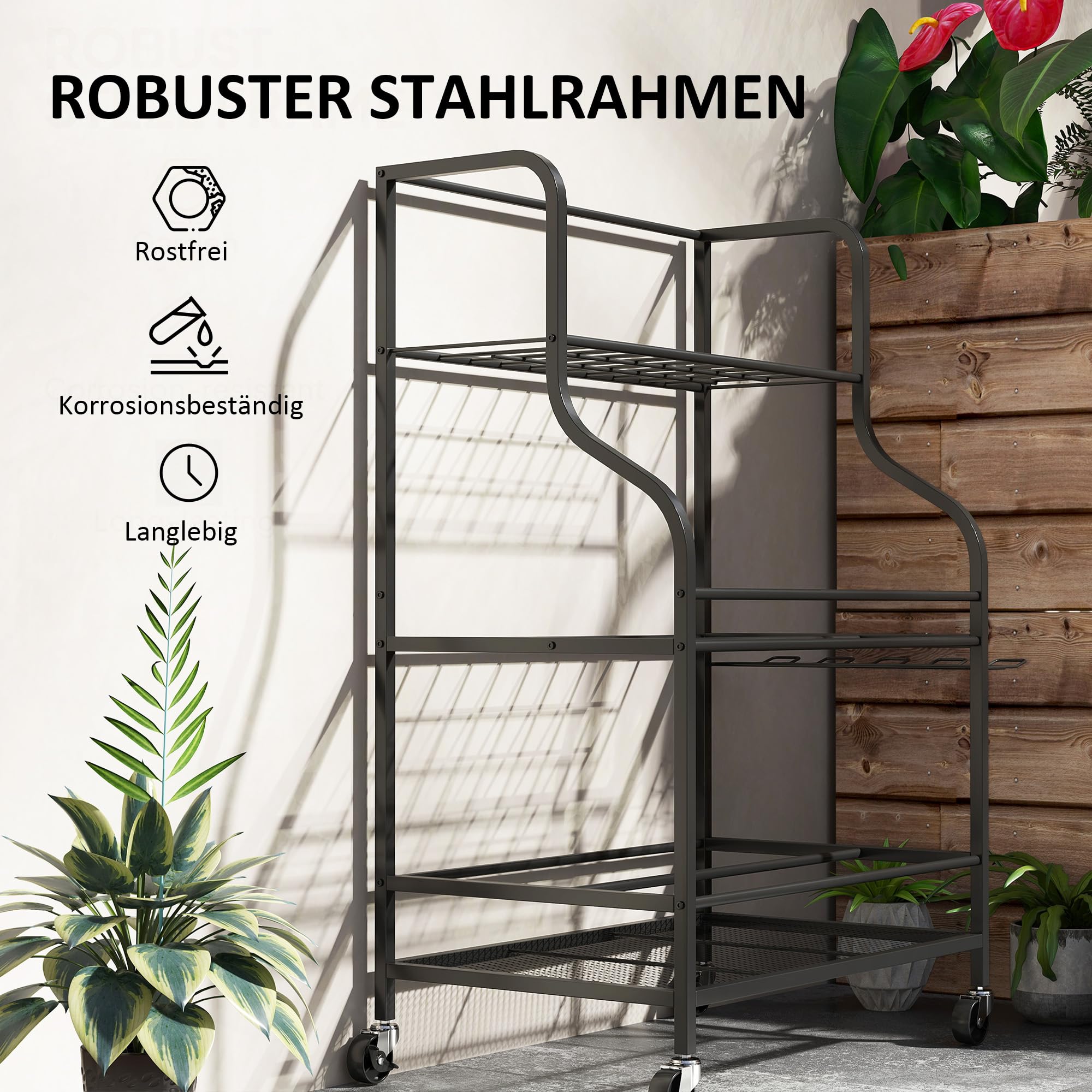 Outsunny Gartenwerkzeug-Organizer 3-stufig mit Haken 77x40x97cm Schwarz | Gartengeräte Ständer, Gartenwerkzeugständer, bis 40 kg belast, Gerätehalter, Mehrzweck Besenhalter, für Garage, Schuppen