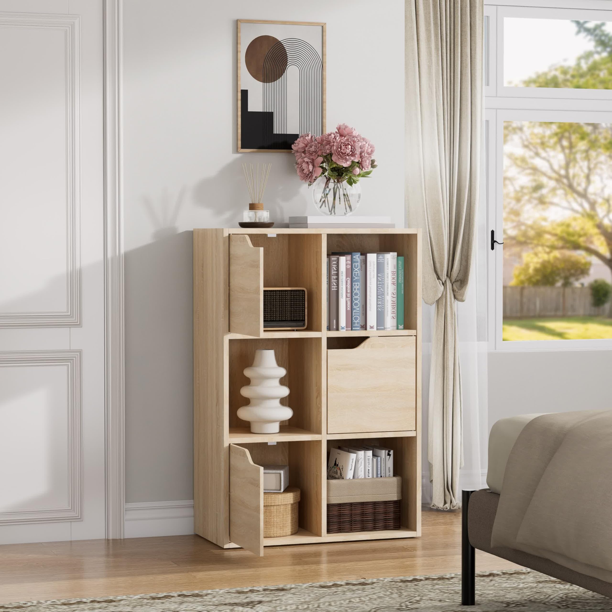 Garvis Standregal 6 Fächer (3 Türen) – Schmal 60x92x29 cm – Kompaktes Kombiregal für Büro & Wohnzimmer (Sonoma Eiche)