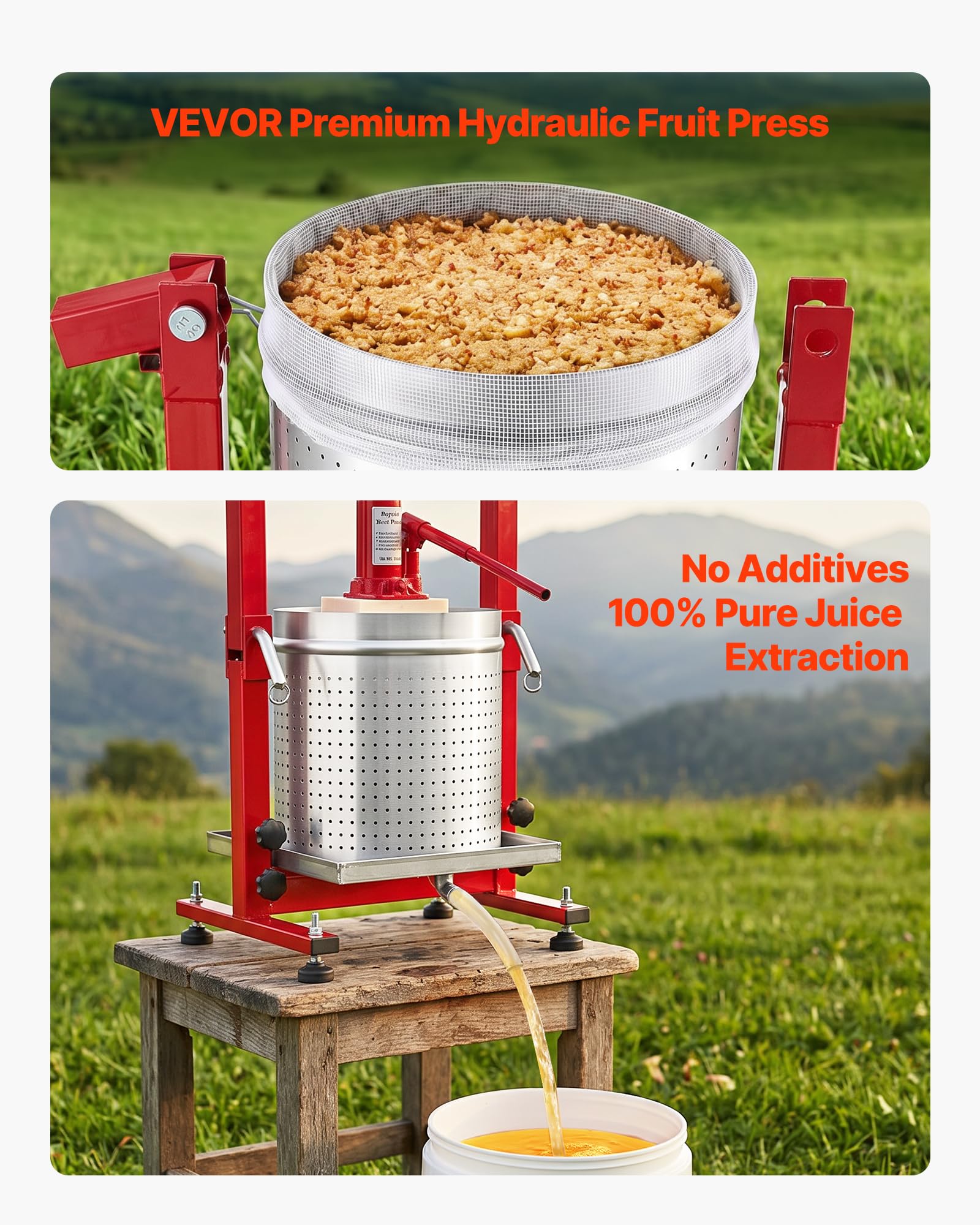 VEVOR Manuelle Beerenpresse 30 L aus Edelstahl, Weinpresse und Obstpresse für Äpfel, Weintrauben, Orangen und Gemüse, Apfelpresse mit 2 Filterbeuteln, 40 x 32 x 61 cm Hydraulische Saftpresse