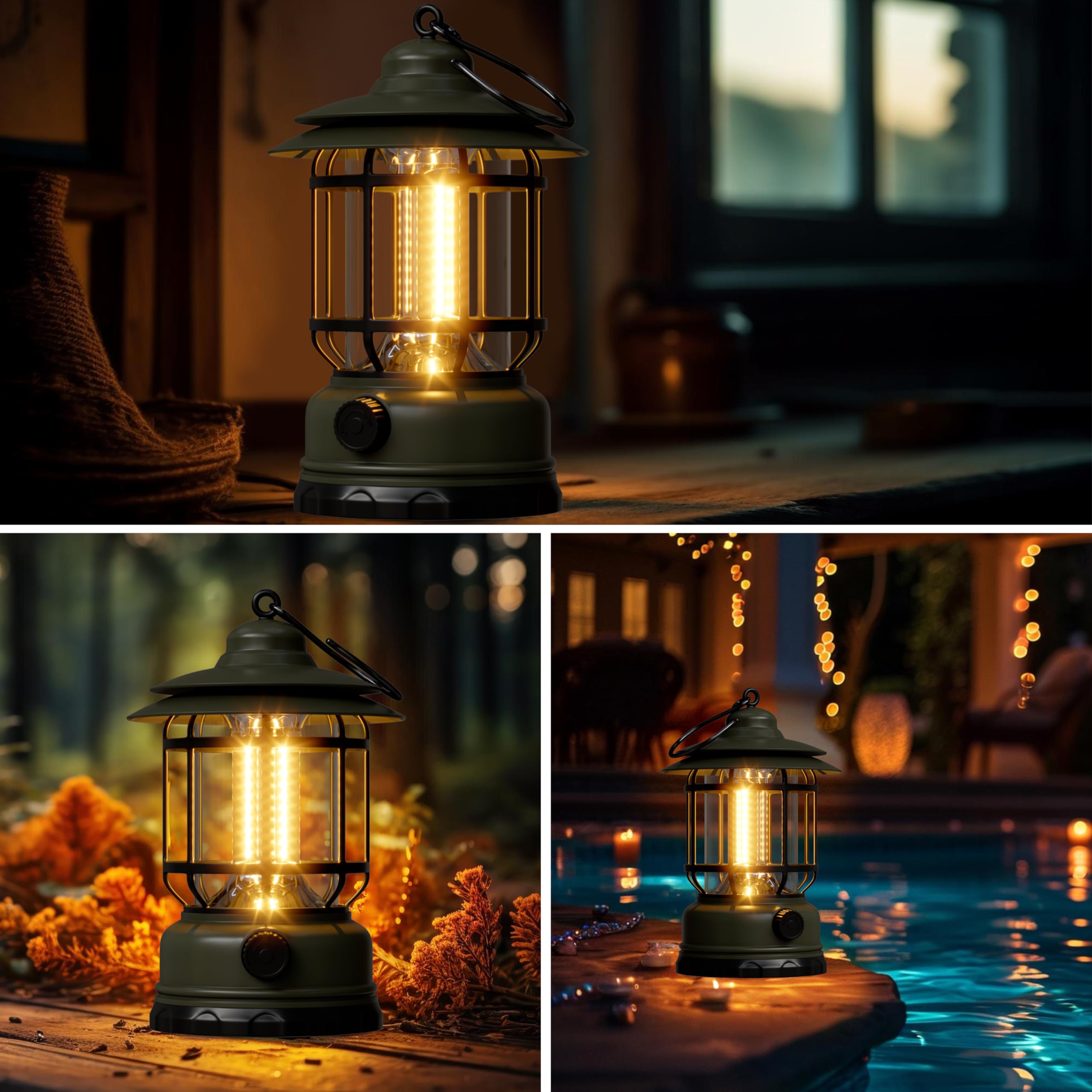 Paquete de 3 faroles LED portátiles de camping de 1500 lm, atenuación sin pasos, ligeros, retro, alimentados por batería, linterna recargable USB, kits de supervivencia, para interiores y exteriores