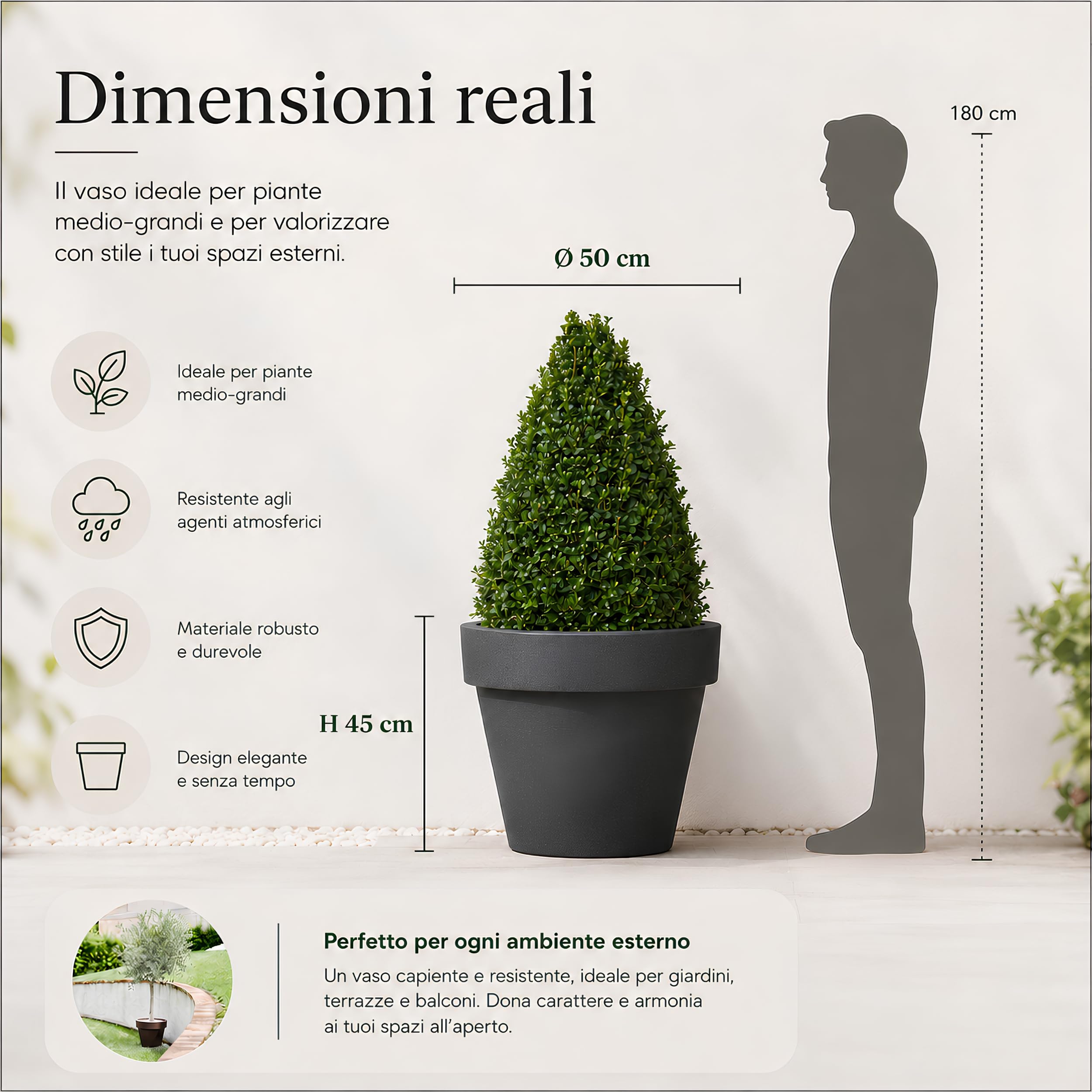 Tecnokit Tera Vaso Grande Standard One Ø50 cm Antracite in Resina, Vaso Moderno da Interno ed Esterno Resistente UV, Fioriera Rotazionale per Piante Grandi, Terrazzo e Giardino