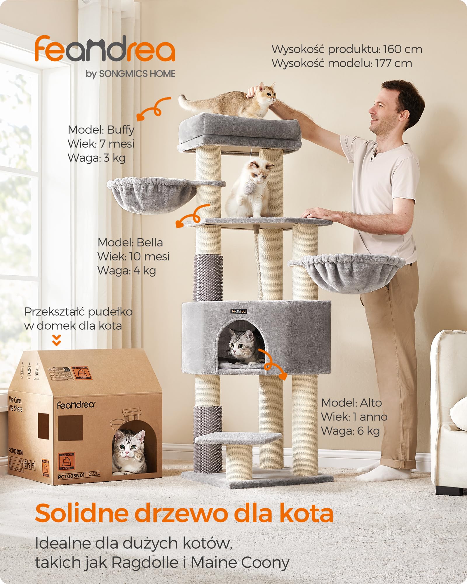 Feandrea Drapak dla kota z ciepłymi kocami, dla dużych kotów, 2 szczotki kotów, grubość pnia 11,1 cm, duże platformy, 50 x 50 x 160 cm, kolor gołębiej szarości i kremowej bieli PCT003N01