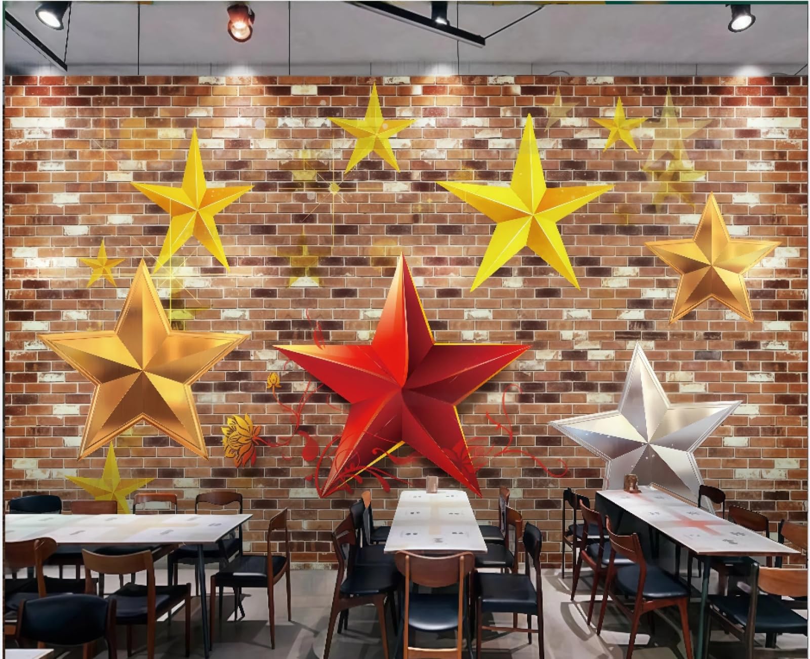 rskjdghshd Wallpaper Retro Brick Wall Five-Pointed Star Pattern Music Graffiti Theme Afternoon Tea Drink Shop Bar Background Wall Western Restaurant Wallpaper Cafe Mural,3D,250x175cm