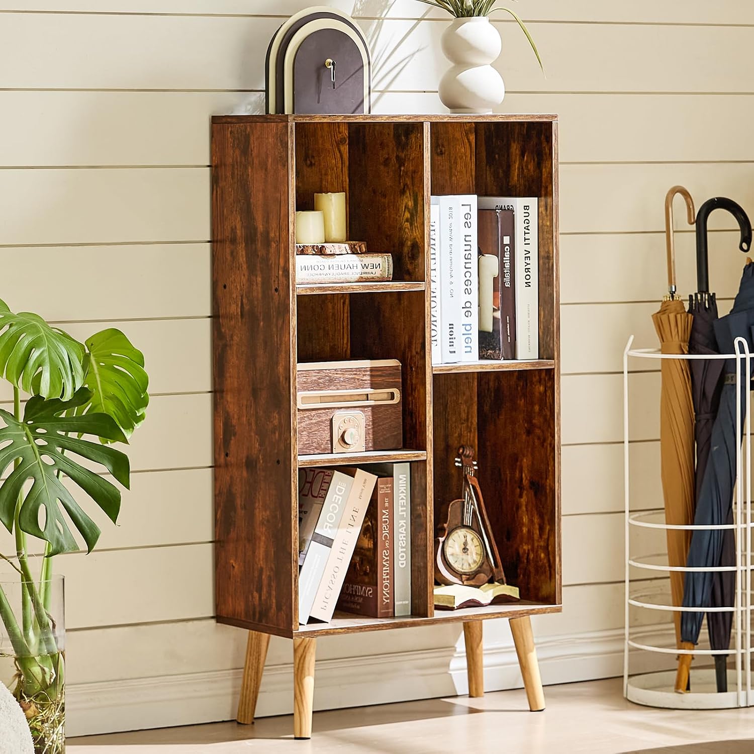 LEYAOYAO 5 Cube Bookshelf, Mid-Century Modern Book Shelf with Legs, Brown image 3