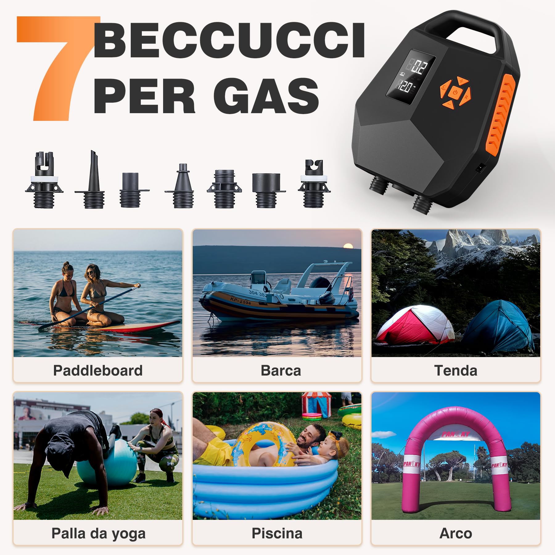 Pompa elettrica SUP 20 PSI - Pompa ad aria a doppio motore con arresto automatico, adattatore per auto da 12 V per tavole gonfiabili, kayak, barche - gonfiaggio silenzioso e veloce
