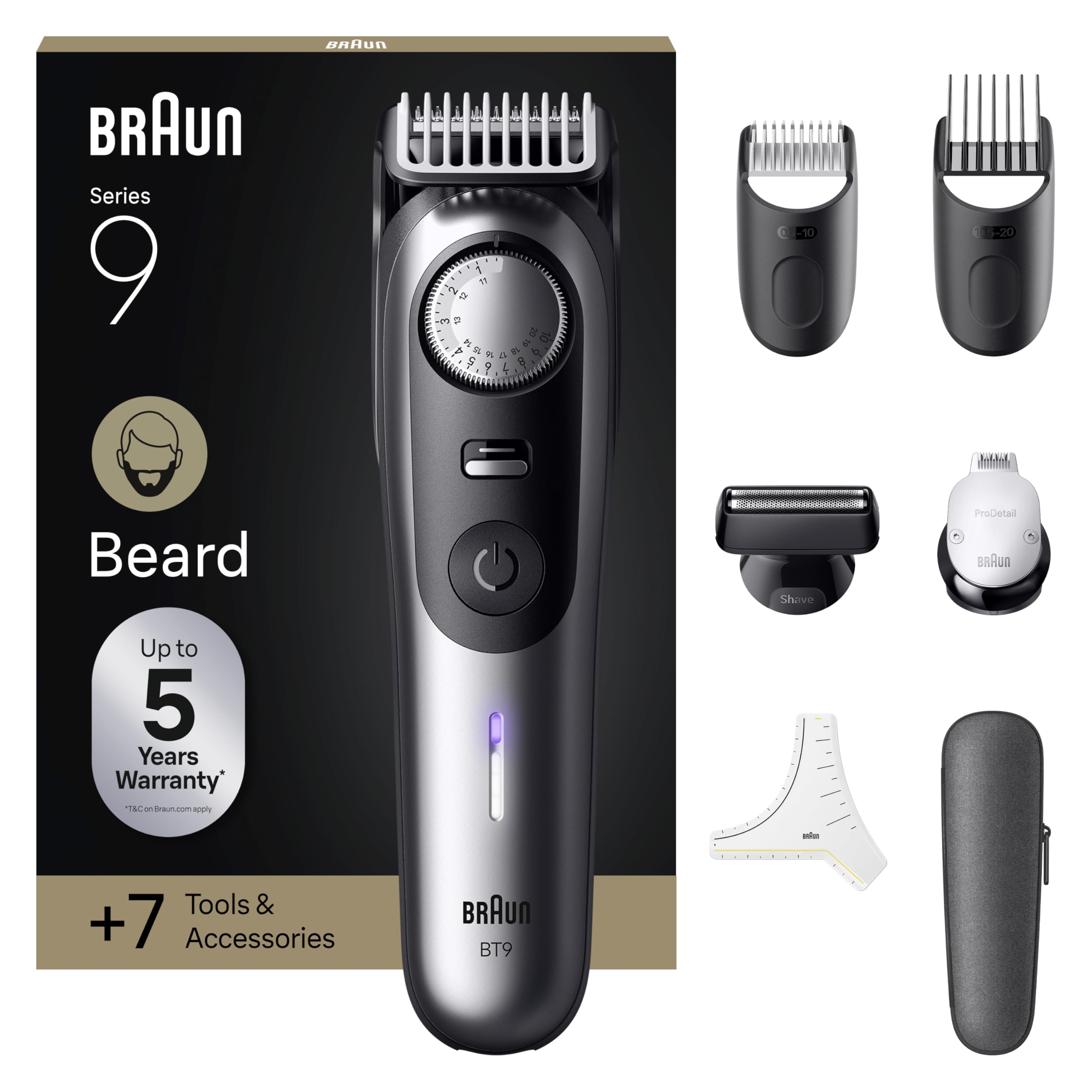 Braun Series 9 Beard Trimmer, + 7 Barber Tools, PowerBoost Mode, ProBlade ProBlade, 180 Min Runtime, Gradient, 50 Lengths, Precision Wheel & Lock, Waterproof, BT9520, Chrome