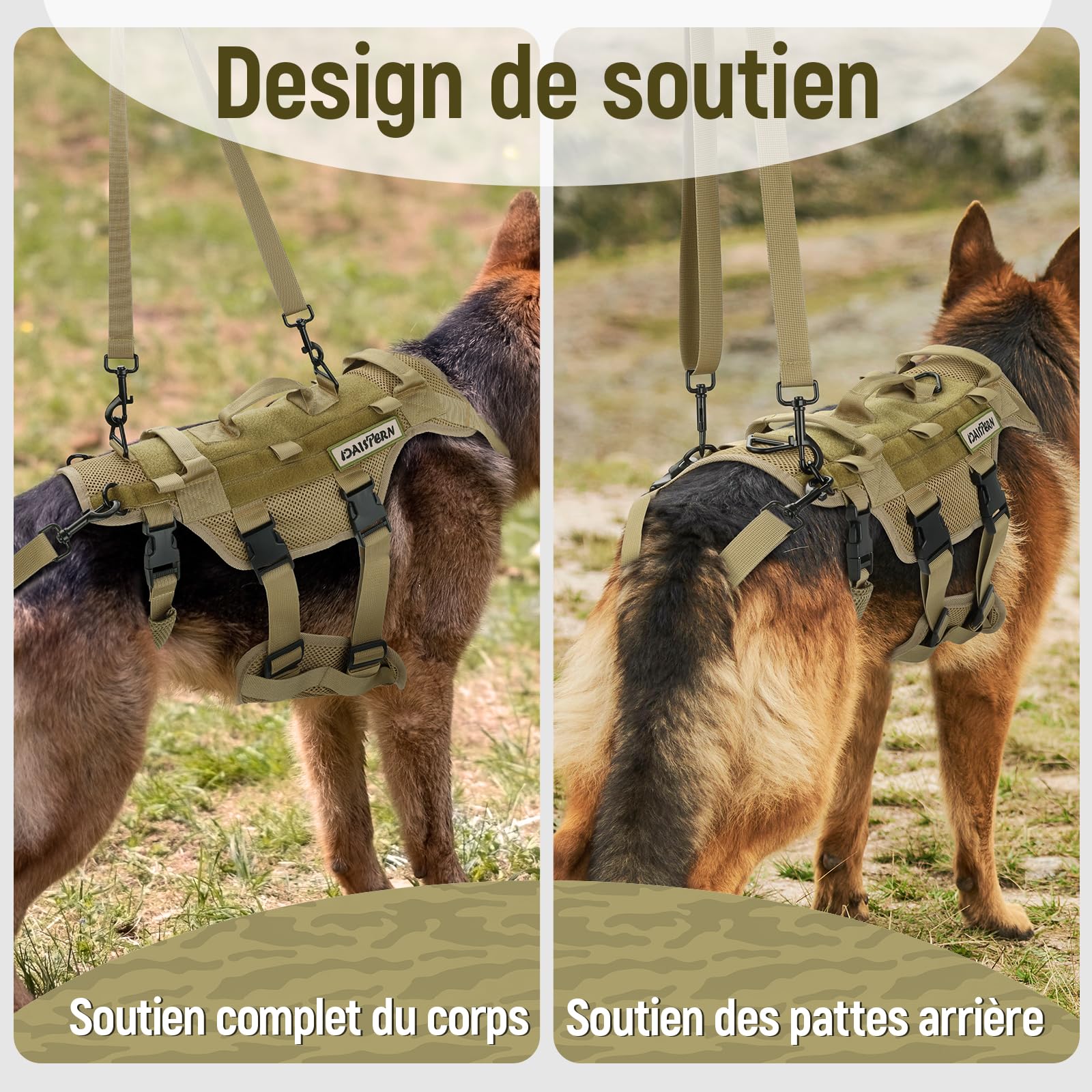 Harnais Anti-Traction Chien Taille L, Harnais Tactique pour Chien en Tissu en Maille Sandwich Respirant, Arnet Poignées et Leggings Arrière Amovibles Conçu pour Chasse Entraînement