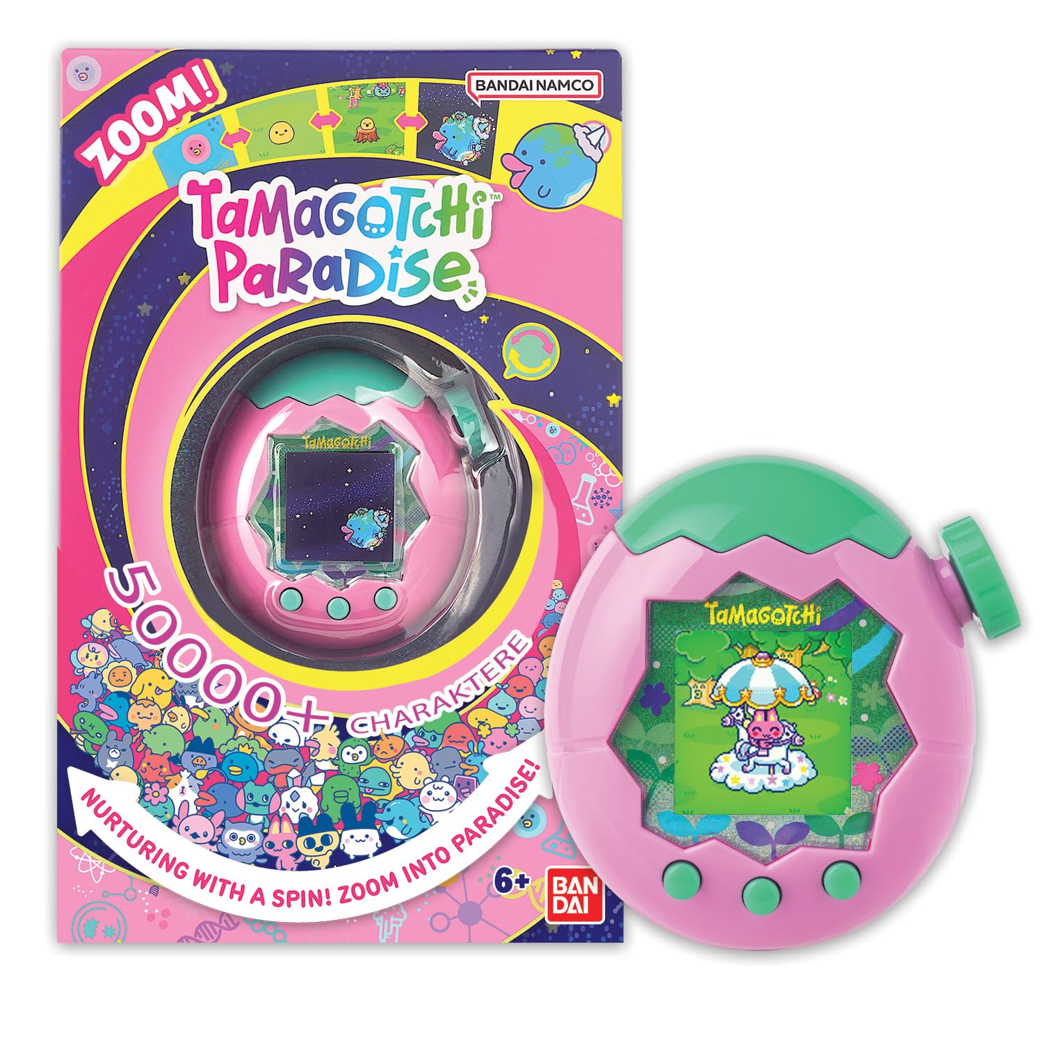 Bandai - Tamagotchi Paradise Erde - Virtuelles Haustier zum Aufziehen - Tamagotchi Interaktives Spielzeug auf Deutsch, Zoom - Modell Erde in Rosa und Grün - Spielzeug für Kinder ab 6 Jahren - 43421
