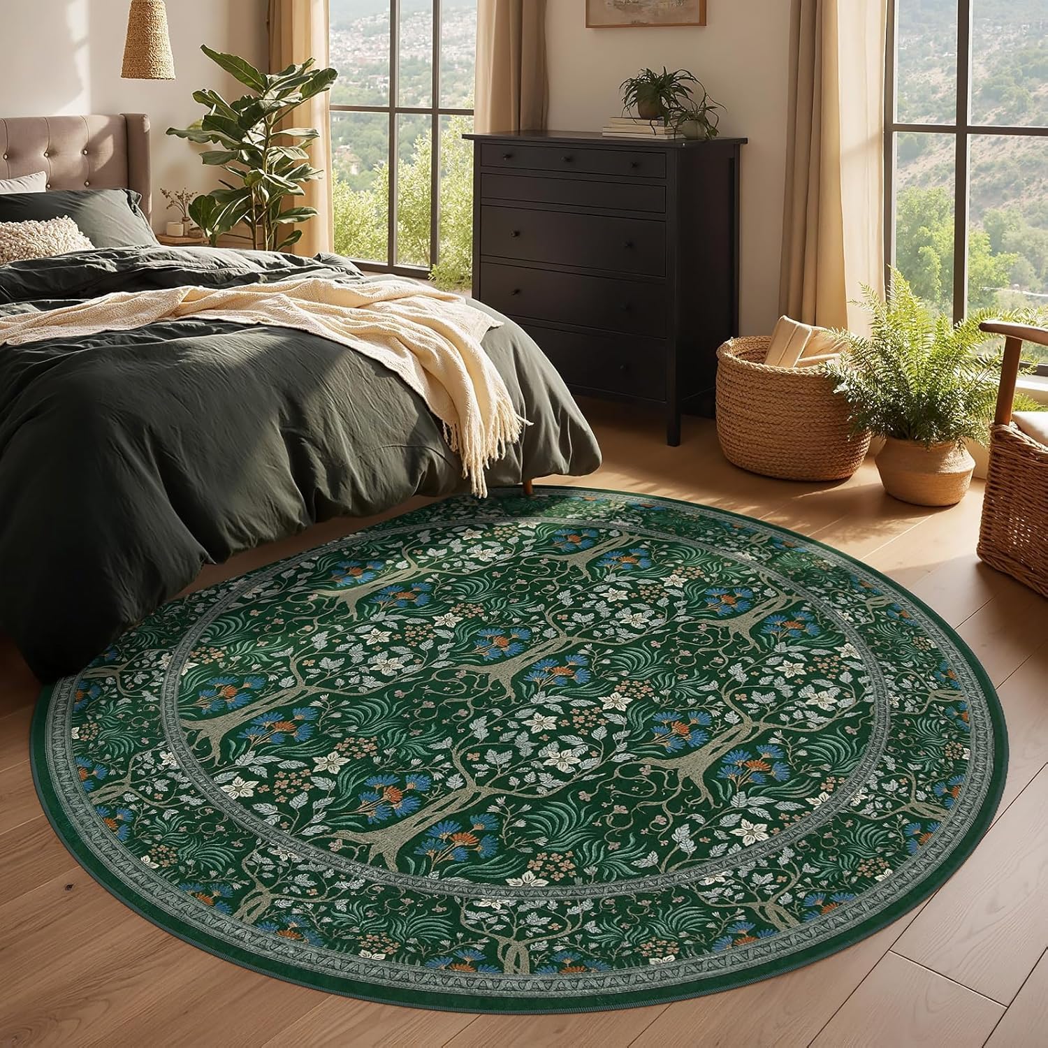Joydeco Round Area Rugs 5ft for Bedroom, Washable Green Floral Circle Rug