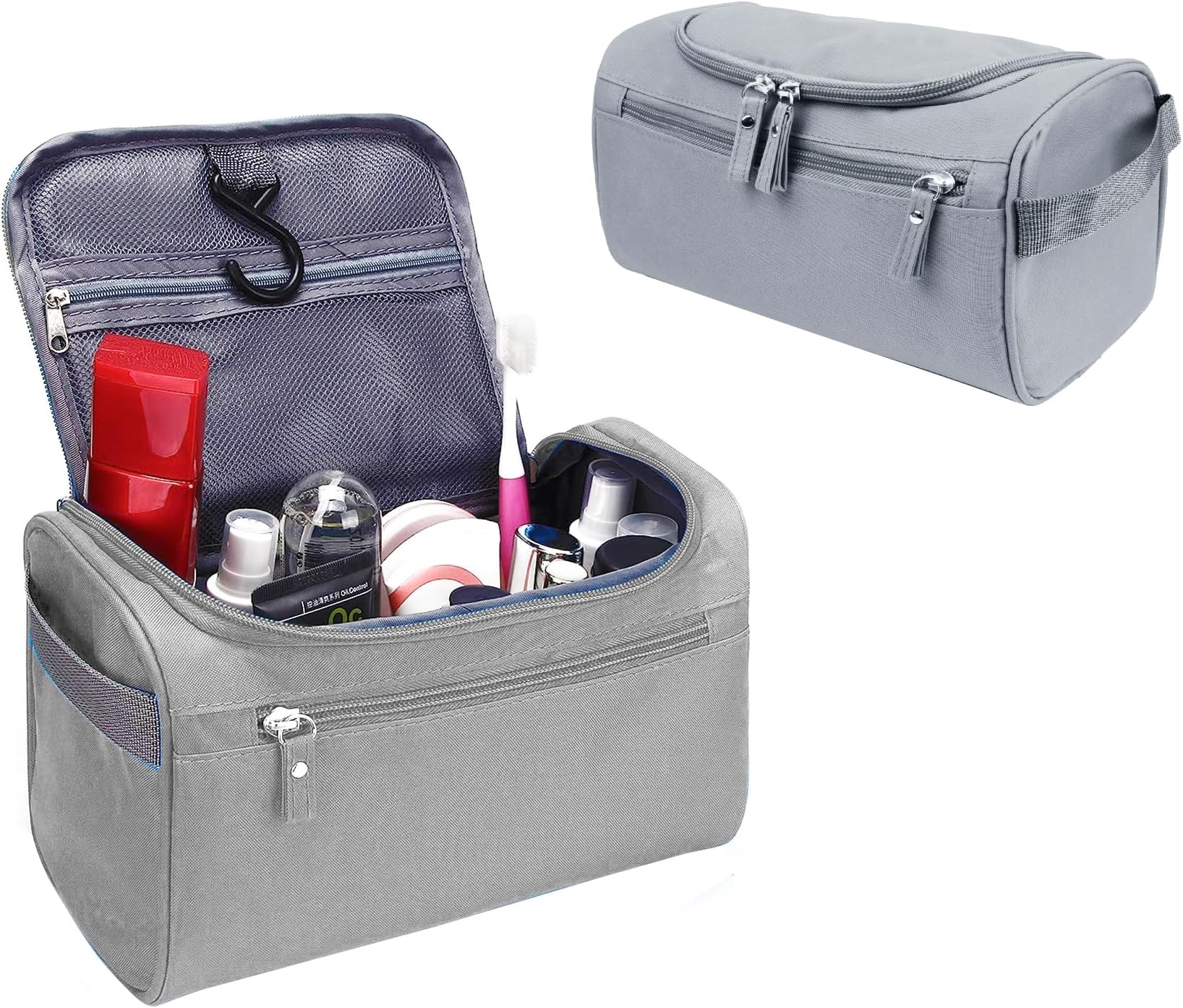 Hanging Travel Toiletry Bag Organizer & Bathroom Hygiene Dopp Kit with Hook for Traveling Accessories Toiletries Bathroom Shaving & Makeup for Men and Women (Grey)
