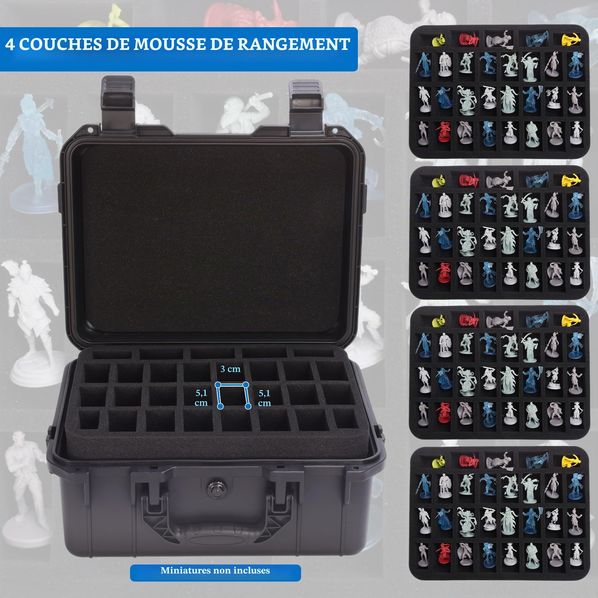 Coffre de transport robuste pour figurines miniatures, étui de transport pour 116 figurines avec 4 inserts en mousse, compatible avec Warhammer 40k, Dungeons & Dragons miniatures