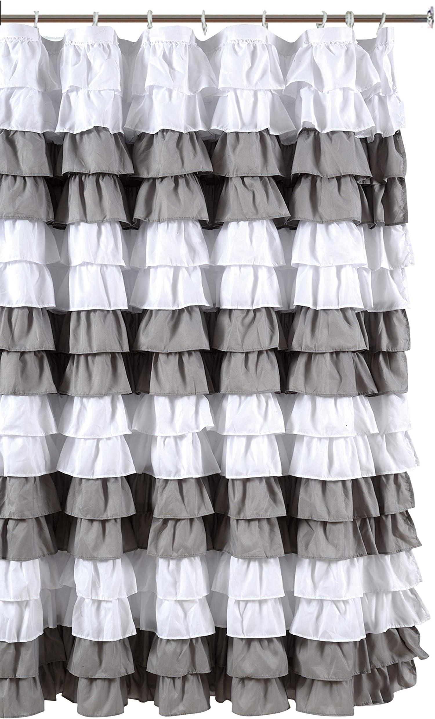 spring Home Waterfall Ruffled Fabric Shower Curtain (Strip White/Sliver)