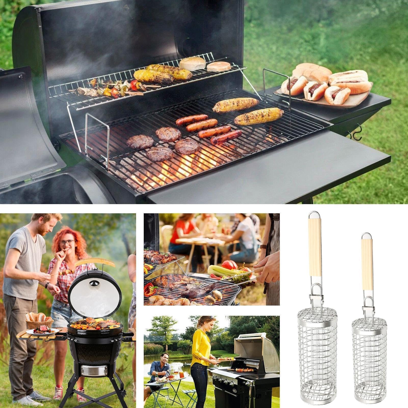 Cestino Rotondo per Barbecue con Manico in Legno - Ideale per Cucinare Pesce, Verdure e Patatine Fritte. Perfetto per grigliate in Campeggio, Picnic e Feste all'aperto.