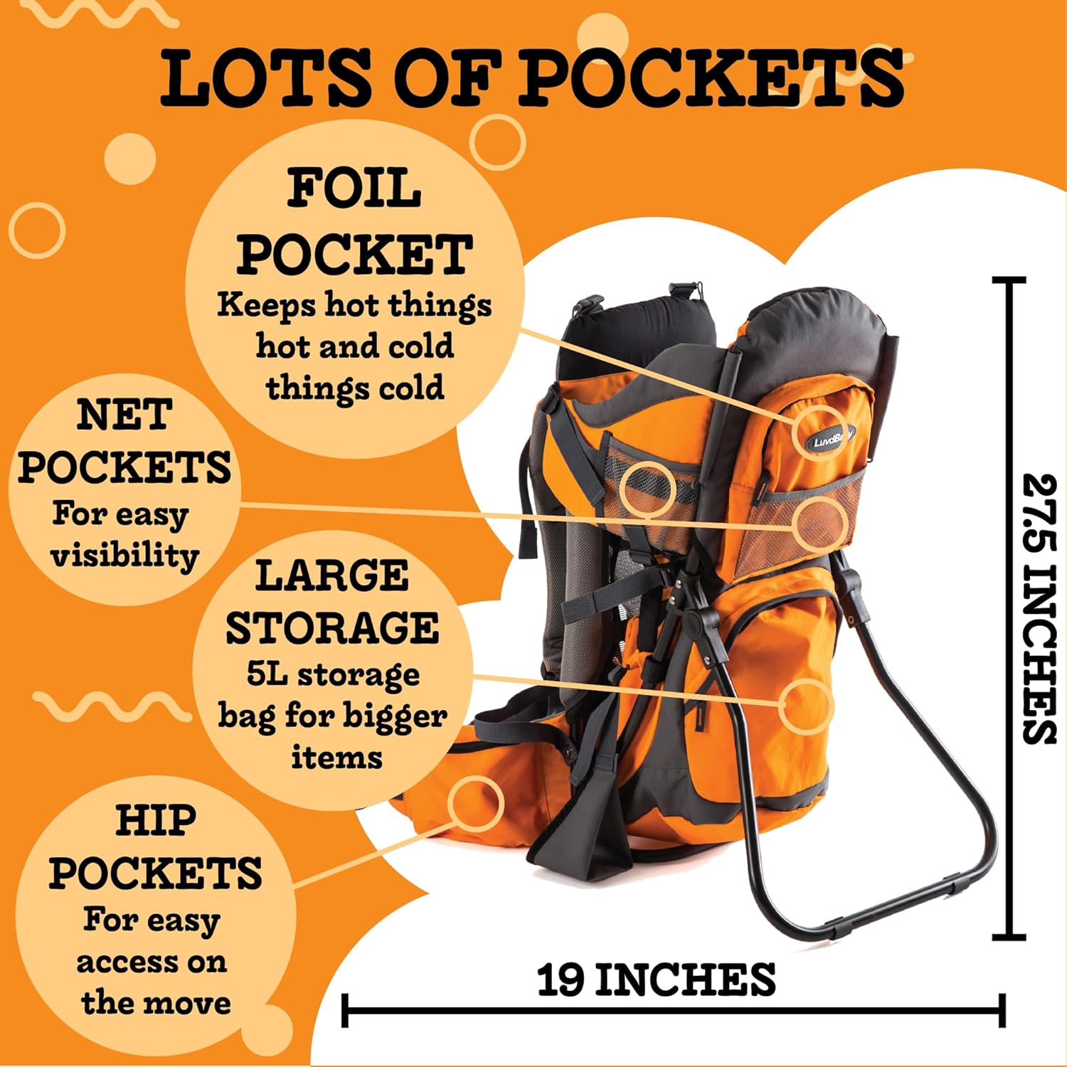 Luvdbaby Hiking Baby Carrier Backpack - Comfortable Baby Backpack Carrier - Toddler Hiking Backpack Carrier - Child Carrier Backpack System with Diaper Change Pad, Insulated Pocket, Rain and Sun Hood Orange/Grey