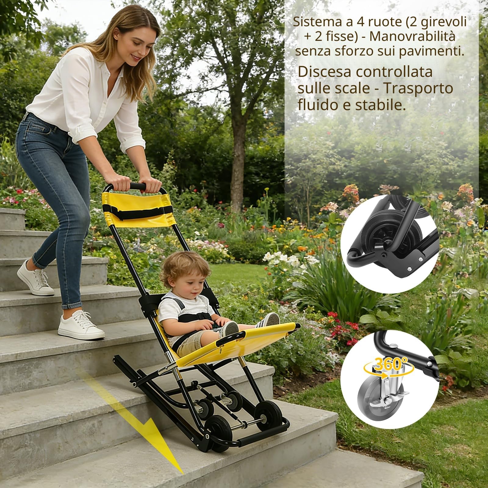Montascale Elettrico Portatile per Disabili, Montascale senza Installazione, Sedia per Scale di Emergenza Pieghevole Manuale, 159kg Lega Alluminio con Ruote e Cinture