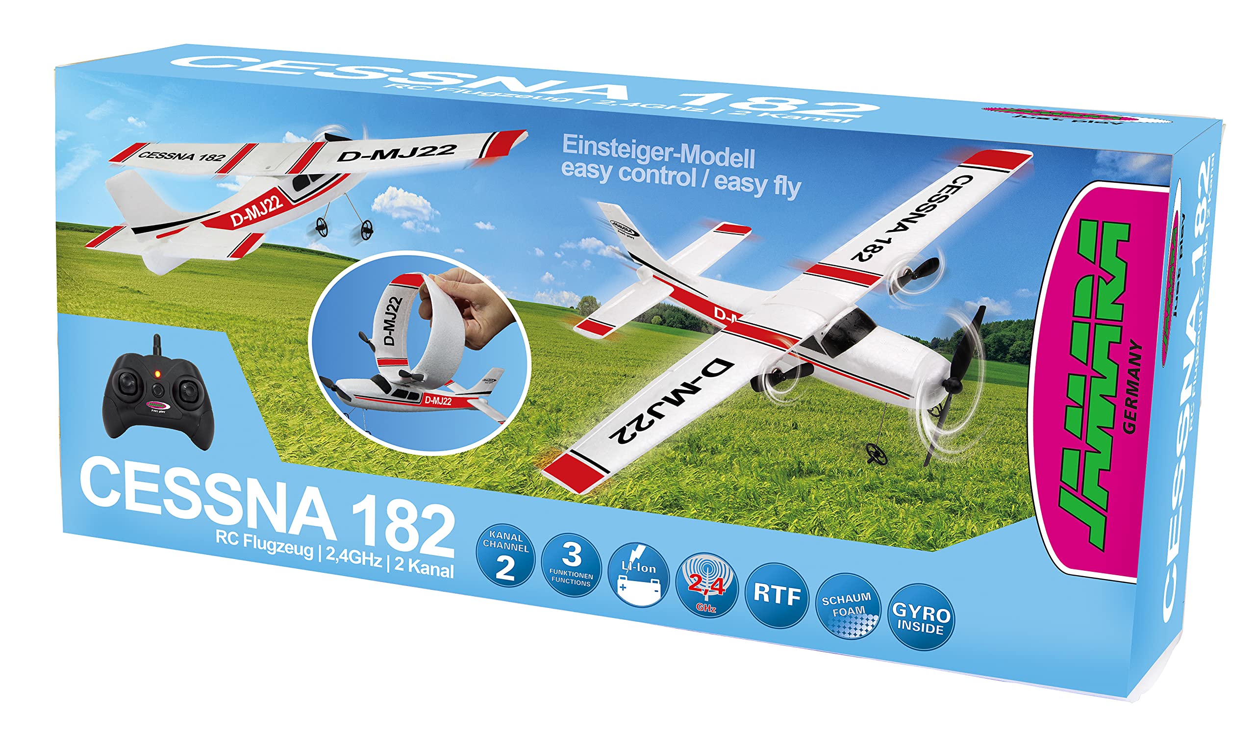 Jamara Cessna 182 Avión 2,4GHz Gyro 2CH - Modelo de Avión Teledirigido, Avión por Radiocontrol, con Giroscopio, Vuelo Estable, Vuelo automático, En Microespuma Flexible, para Principiantes