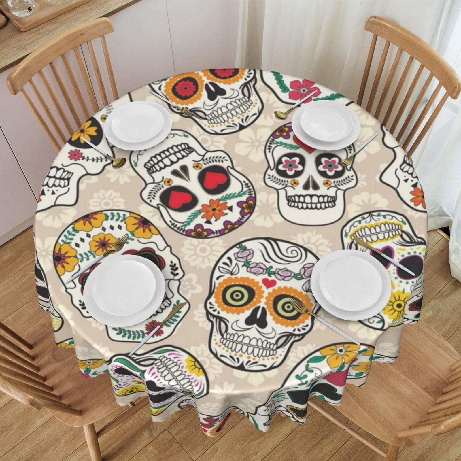 DCEHGEW 60 In Round Tablecloth with Lace, Mexican Skull Printed Oilproof & Washable Fabric Picnic Table Cloth Table Covers