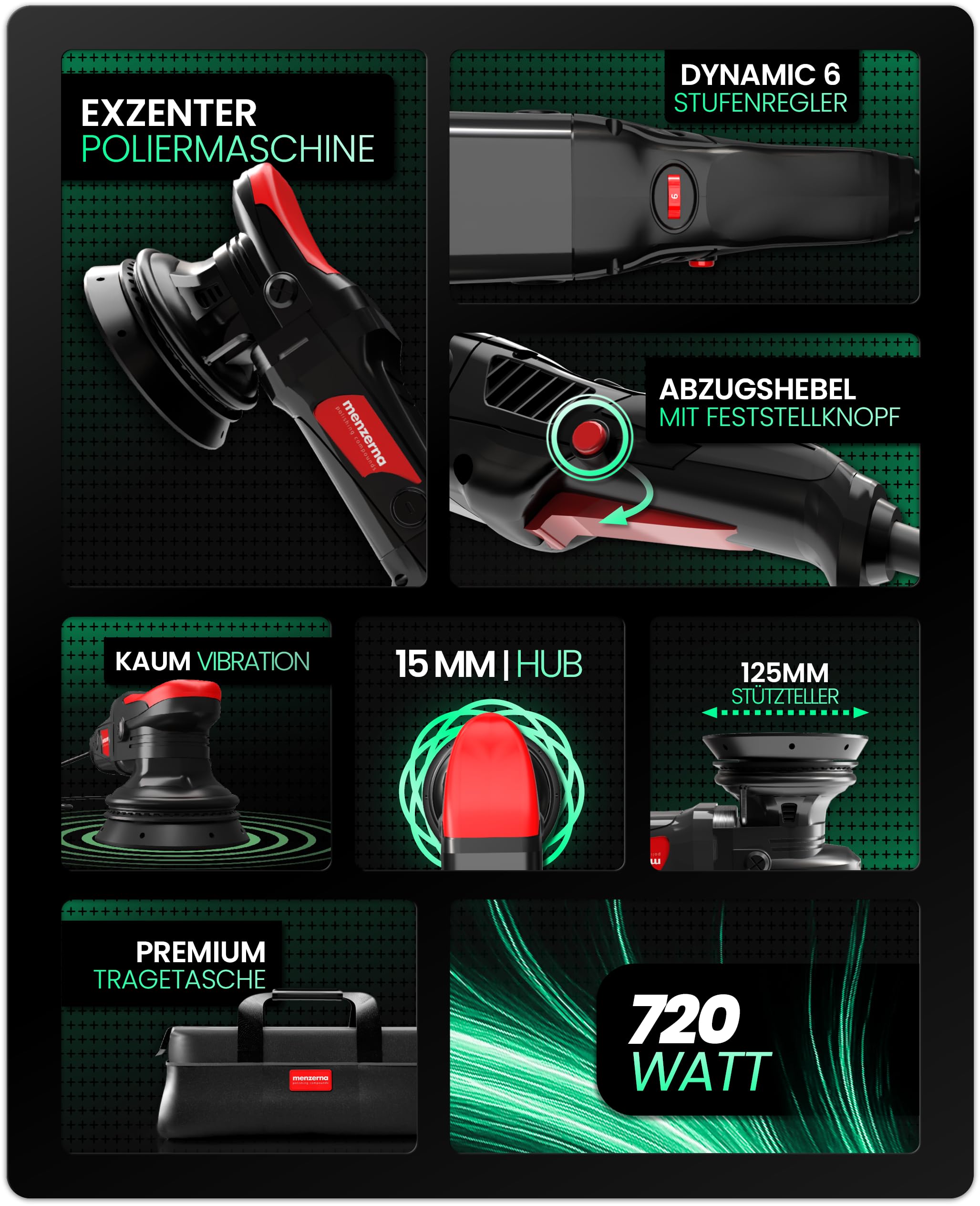 Menzerna Auto Politur Set | Exzenter Poliermaschine MZ-XR mit 125mm Stützteller + 3 x 100ml Politur + Poliertücher + Sprühversiegelung | 15mm Hub 720W