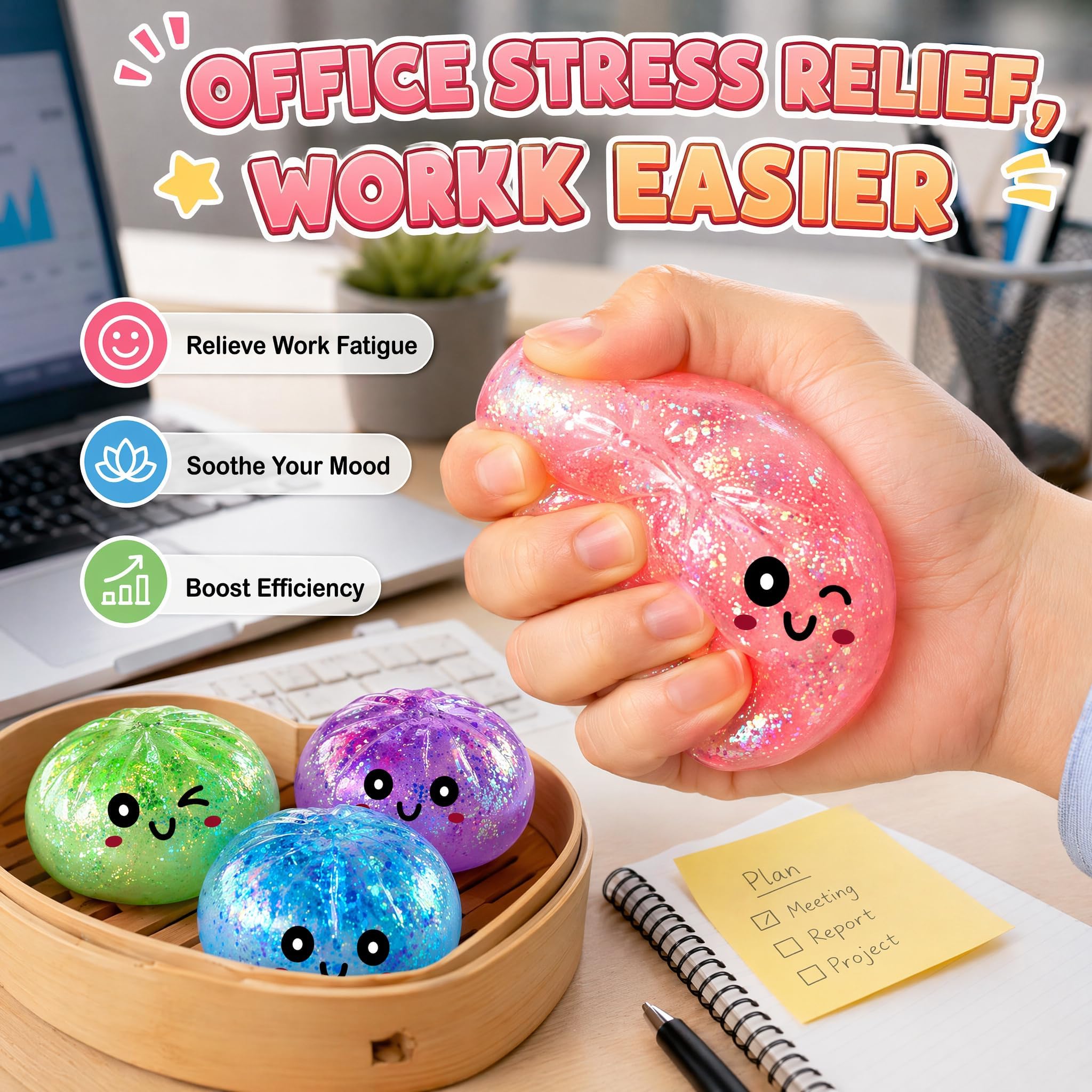 Dumpling Squishy, 4 Stück Glitter Dumpling Squishy Set | Anti Stress Bälle Fidget Spielzeug für Kinder Erwachsene, Dumplings Squishies Fidget Toys für Stress Relief, Fidgets Gifts