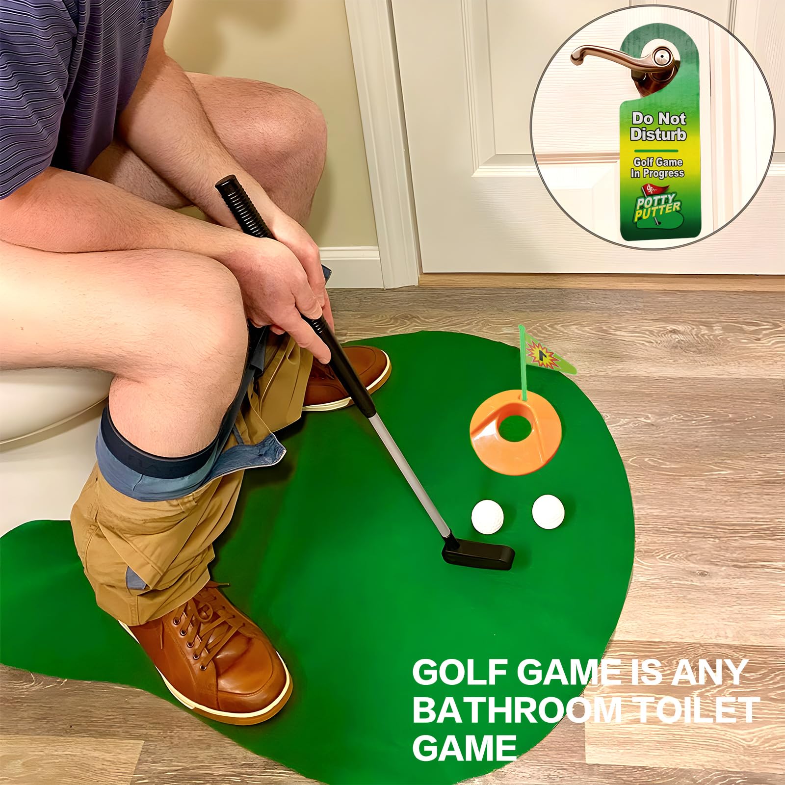 FAELNK Mini Golf Game Set para Inodoro Divertido Regalo para Hombres de Golf con Palo de Golf de 65 cm, Tapete para Putting, 2 Pelotas de Golf y Colgador para Puerta